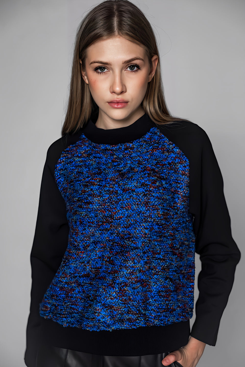 CROPPED PANELLED LEATHER SWEATSHIRT