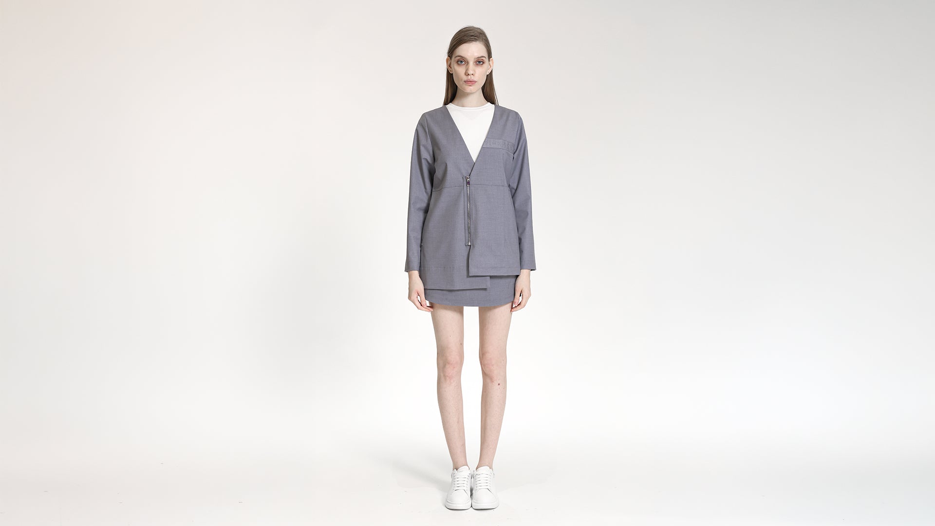 GREY V-NECK ASYMMETRICAL ZIP-UP JACKET