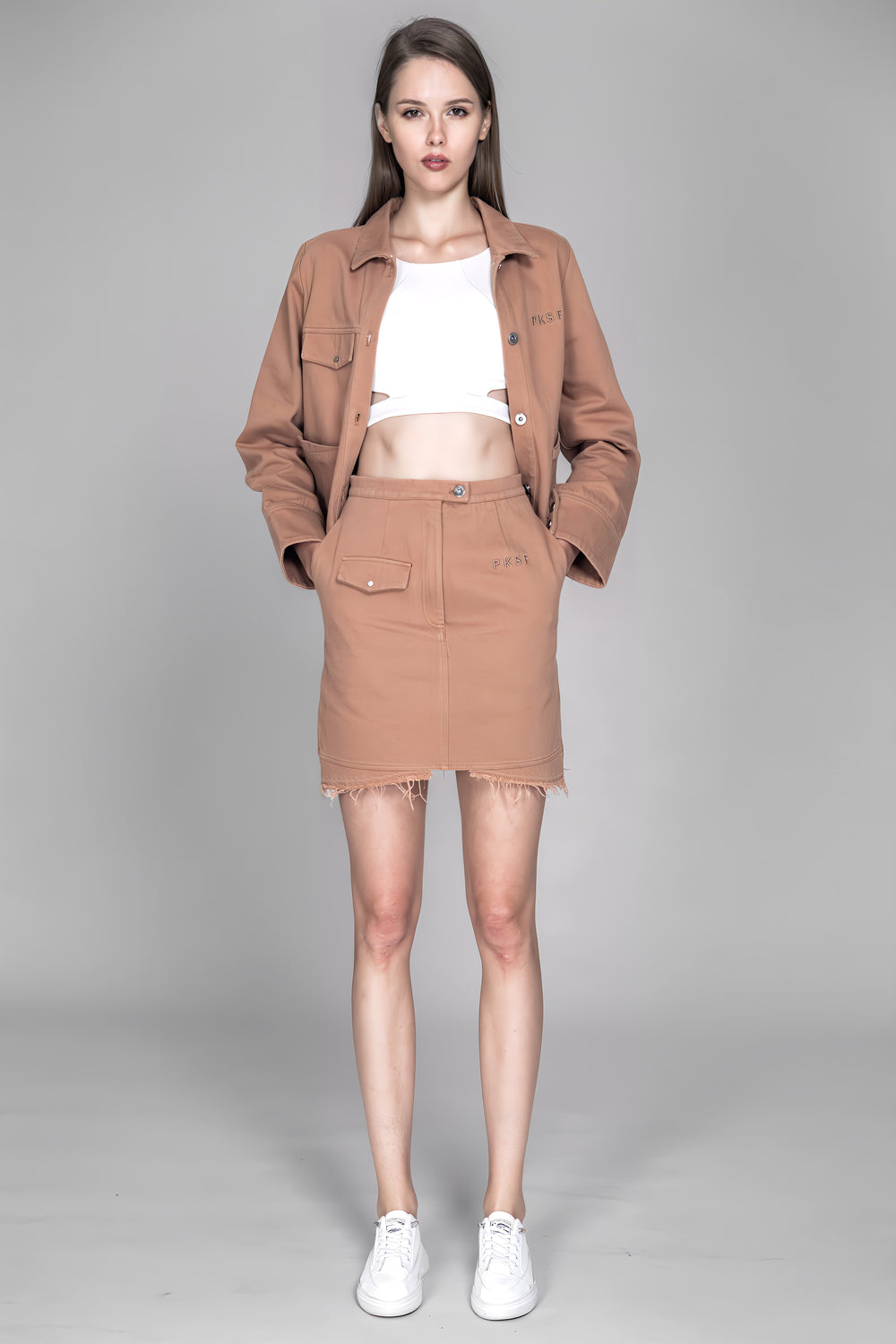 LIGHT YELLOW / SKIN BROWN HEAVY COTTON GRADIENT WASHED DENIM SKIRT