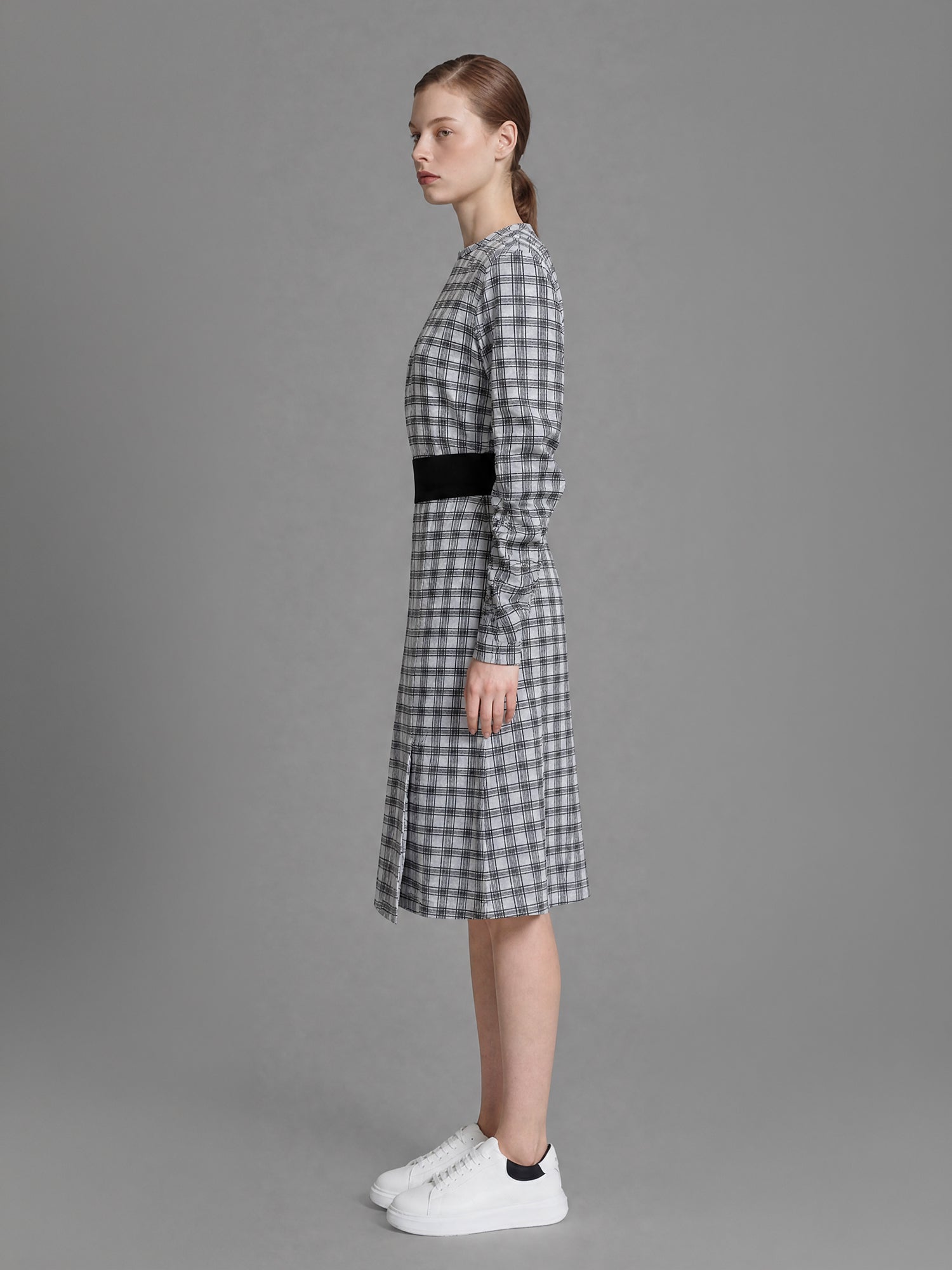 CLASSIC BLACK/WARM BRICK RED PLAID A-LINE MIDI SKIRT