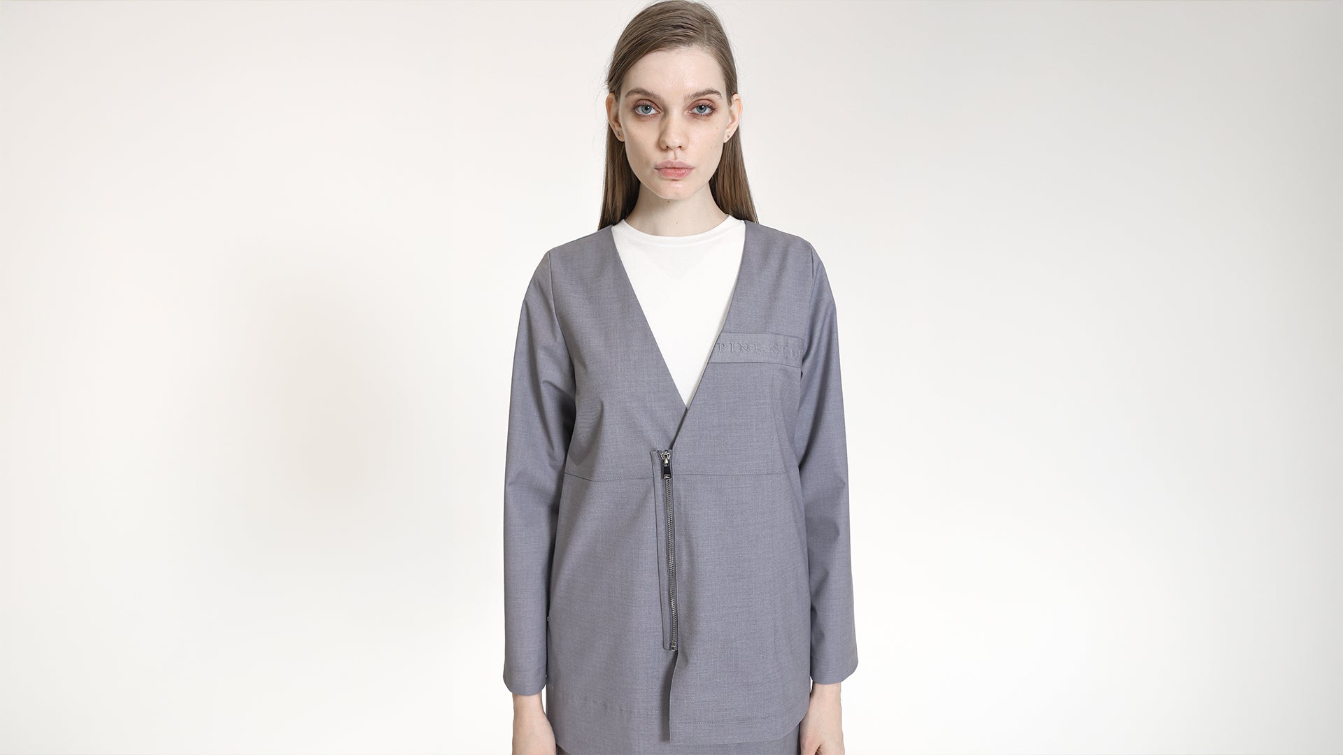GREY V-NECK ASYMMETRICAL ZIP-UP JACKET
