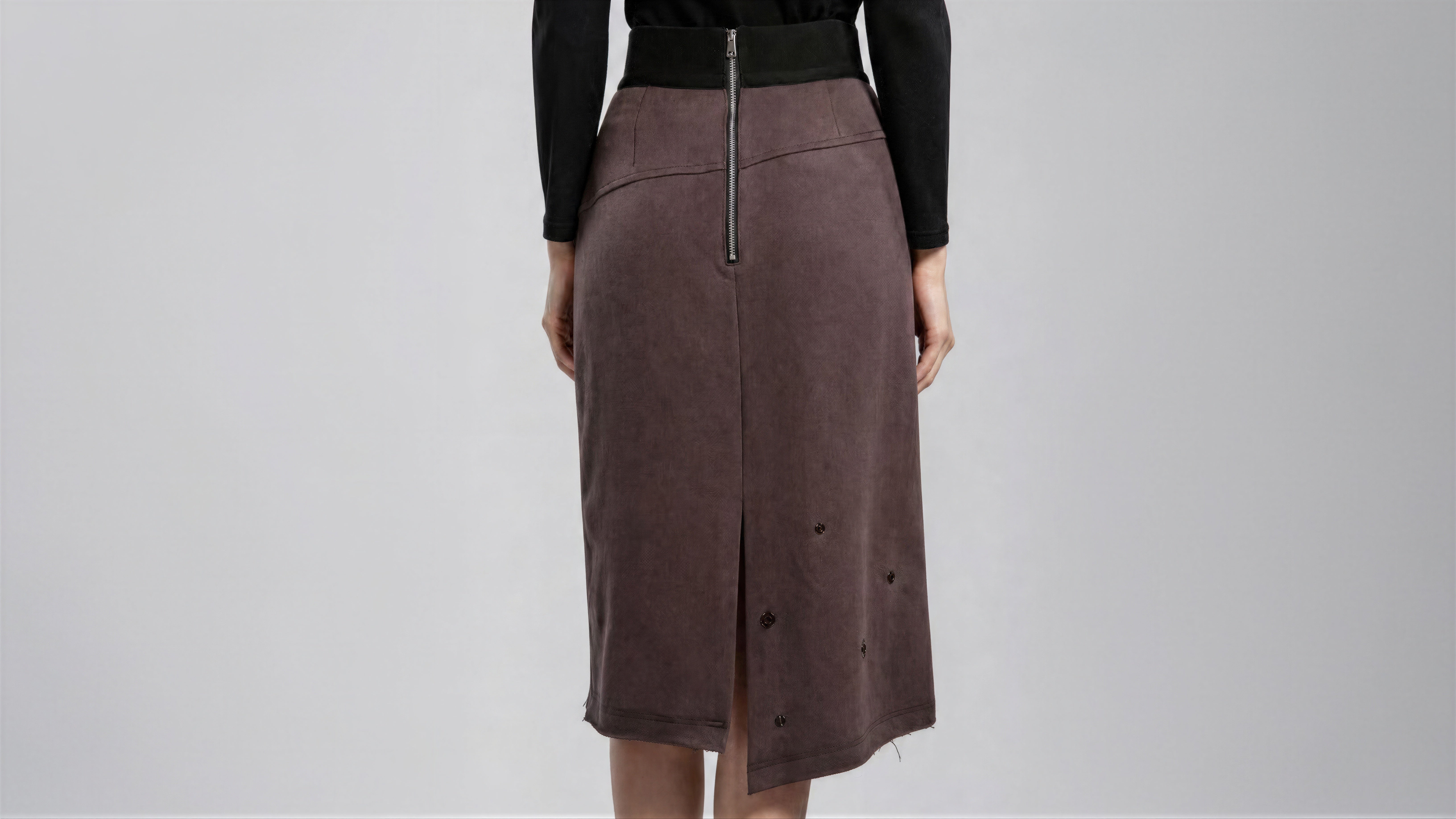 SMOKED GREY / COCOA BROWN FUTURISTIC ASYMMETRICAL MIDI SKIRT