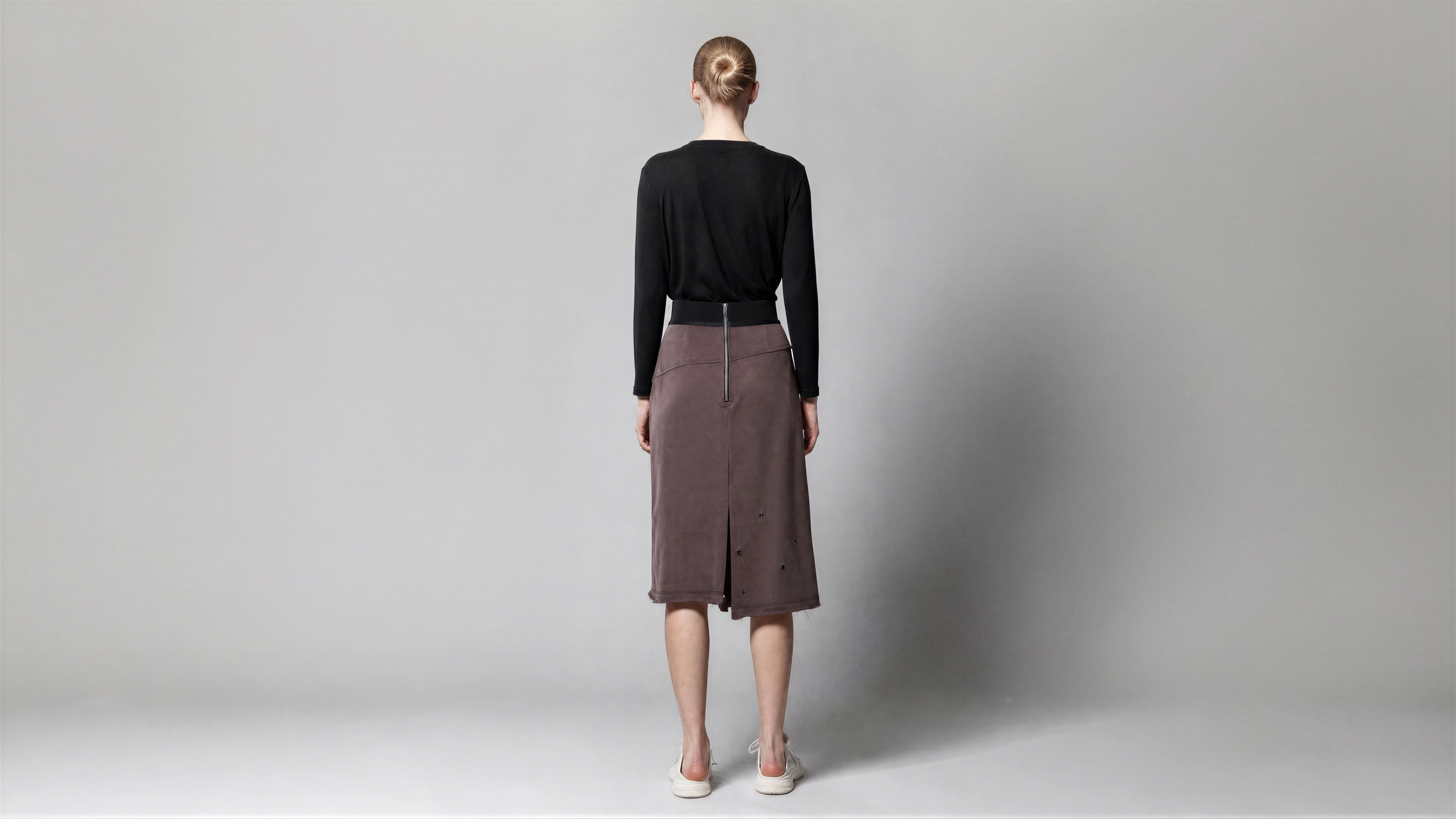 SMOKED GREY / COCOA BROWN FUTURISTIC ASYMMETRICAL MIDI SKIRT
