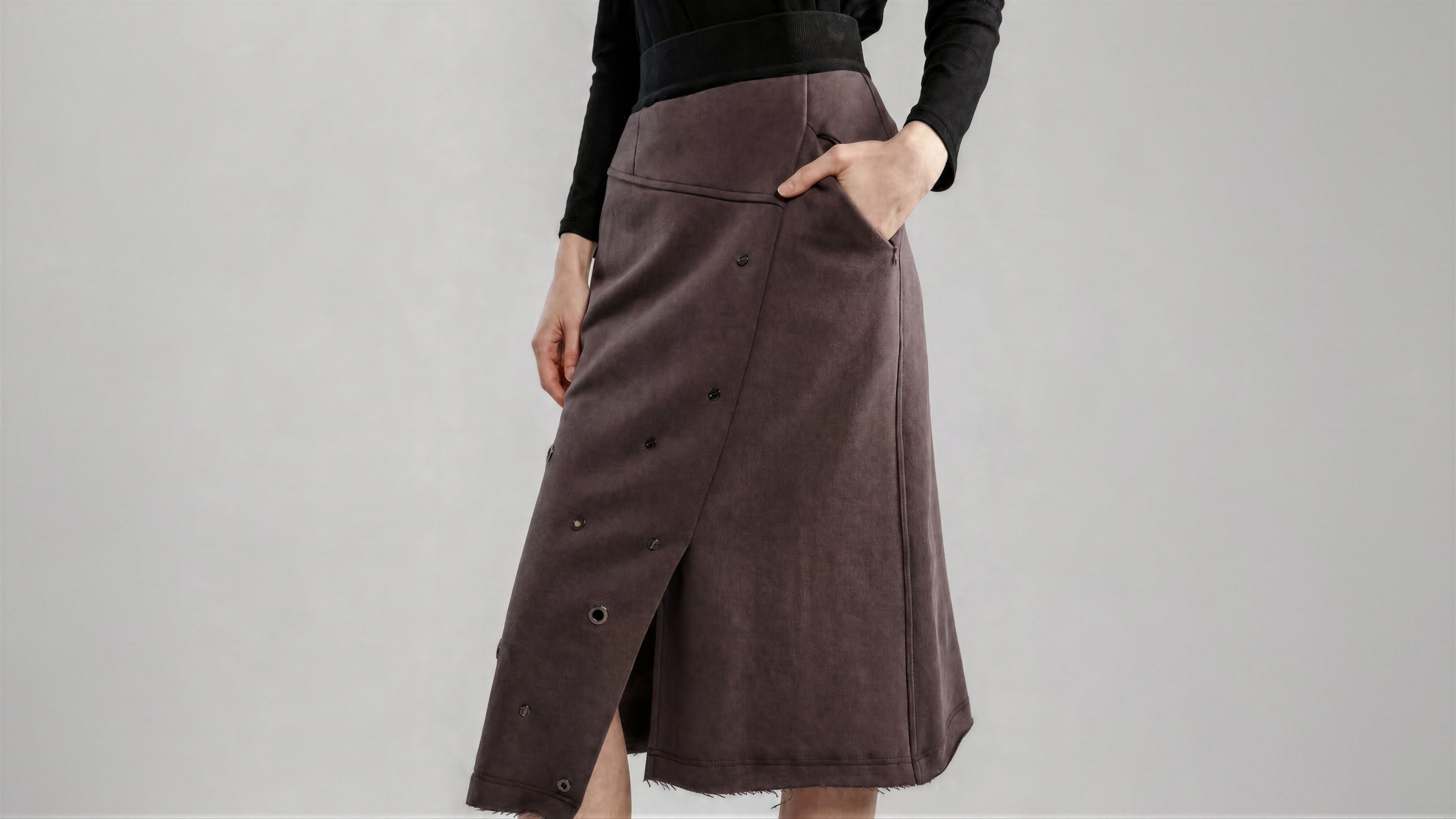 SMOKED GREY / COCOA BROWN FUTURISTIC ASYMMETRICAL MIDI SKIRT