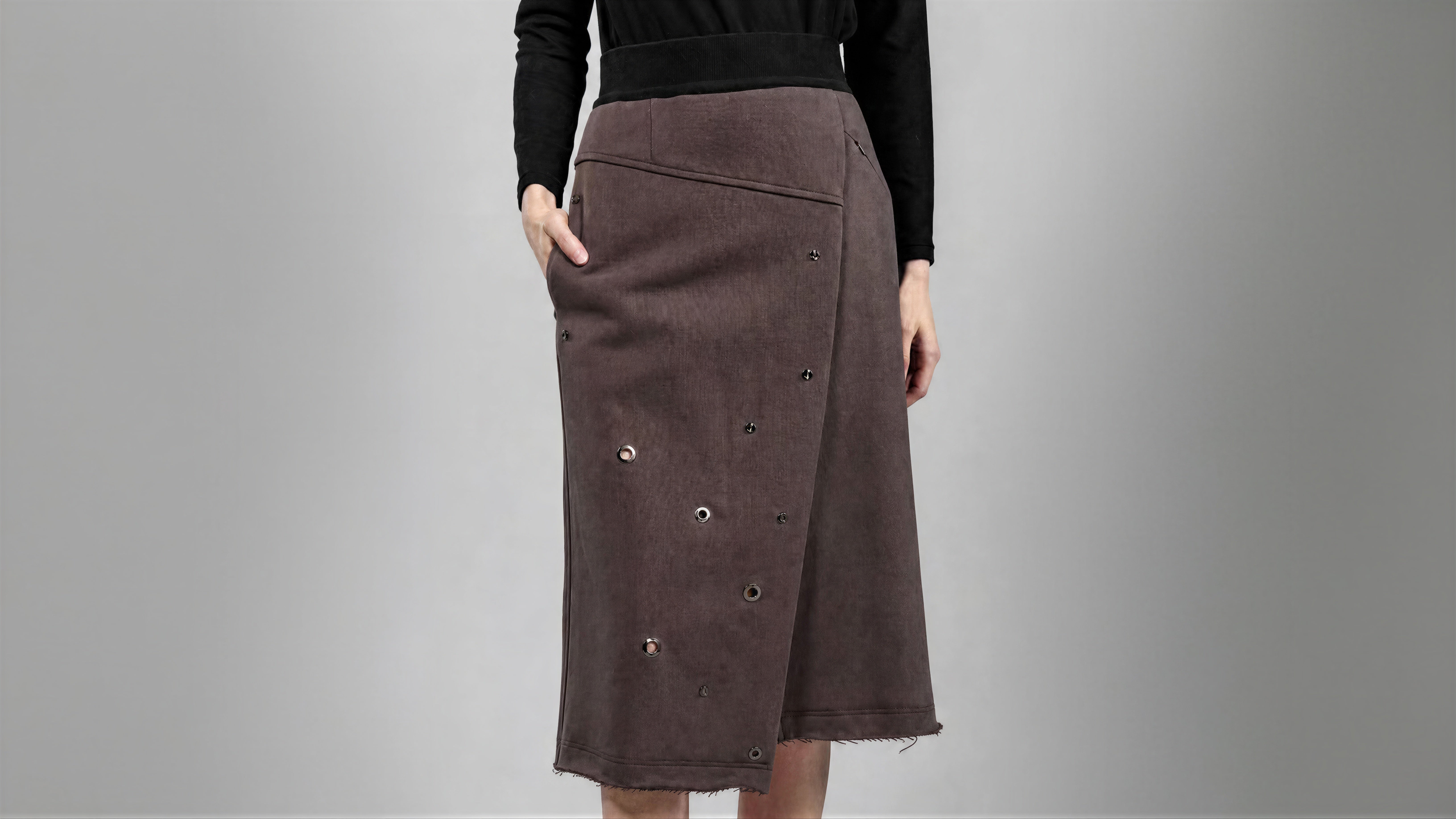 SMOKED GREY / COCOA BROWN FUTURISTIC ASYMMETRICAL MIDI SKIRT