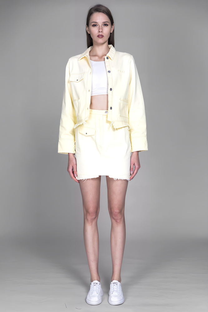 
                  
                    LIGHT YELLOW / SKIN BROWN HEAVY COTTON GRADIENT WASHED DENIM SKIRT
                  
                