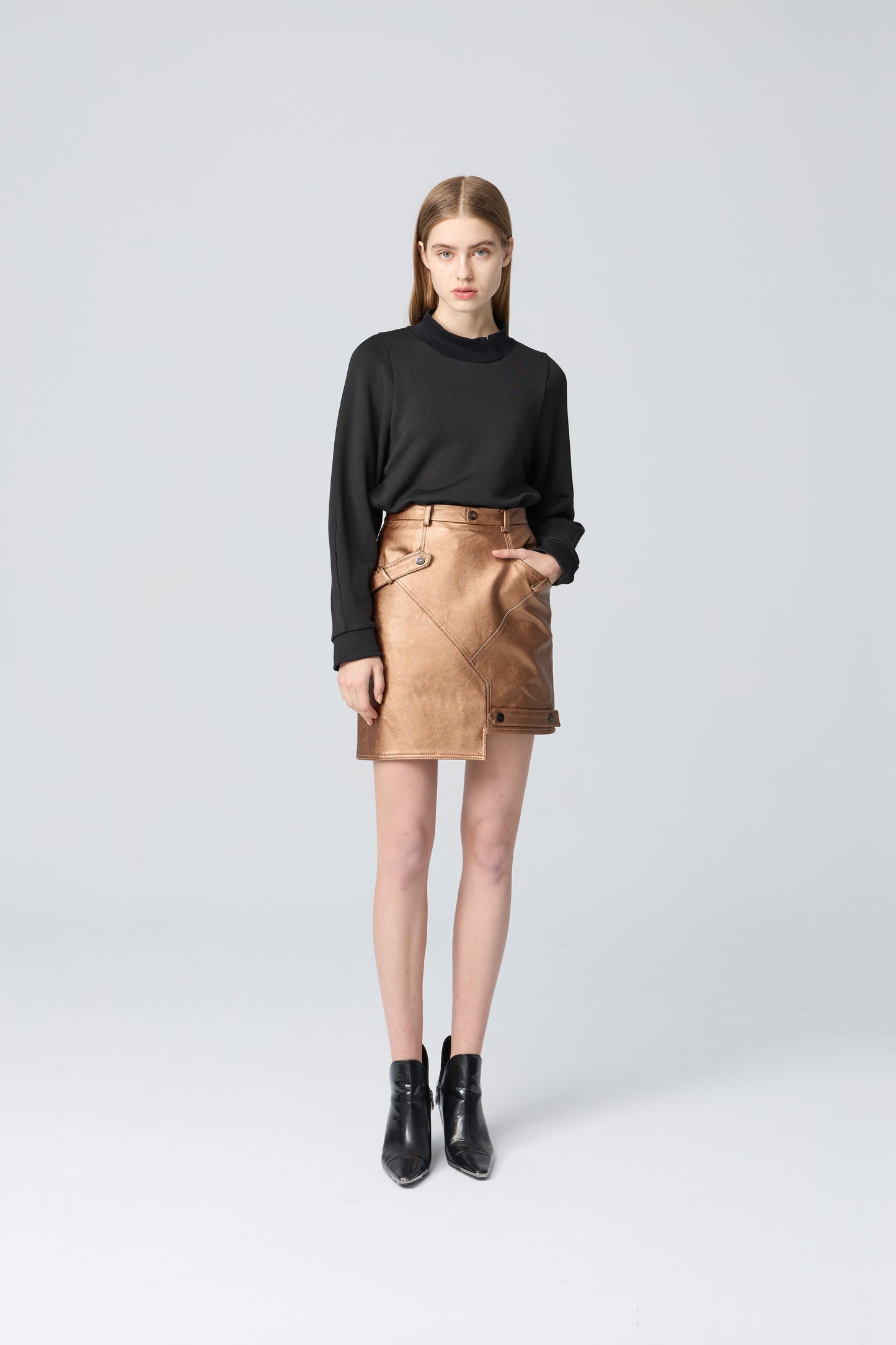 
                  
                    COPPER GOLD/SILVER BLUE LEATHER SKIRT
                  
                