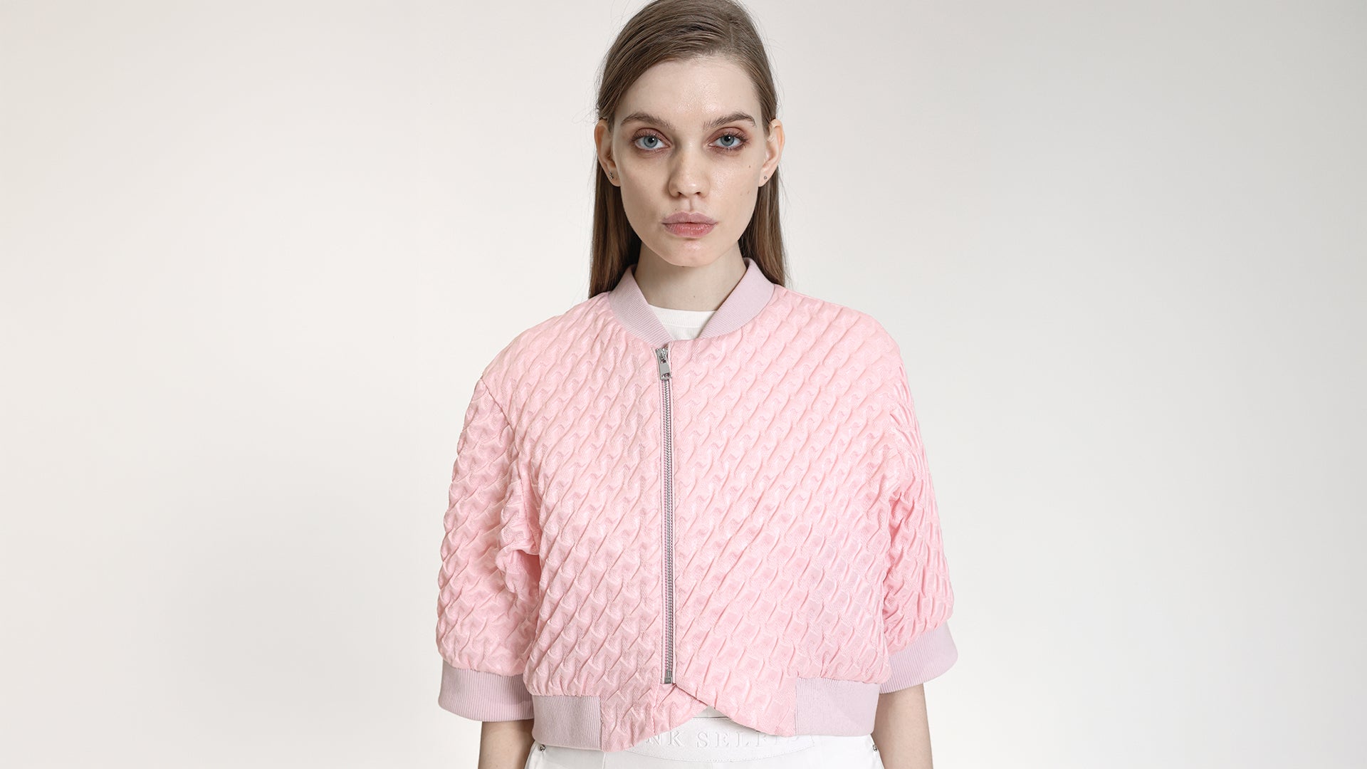 SOFT PINK TEXTURED ZIP-UP BOMBER JACKET