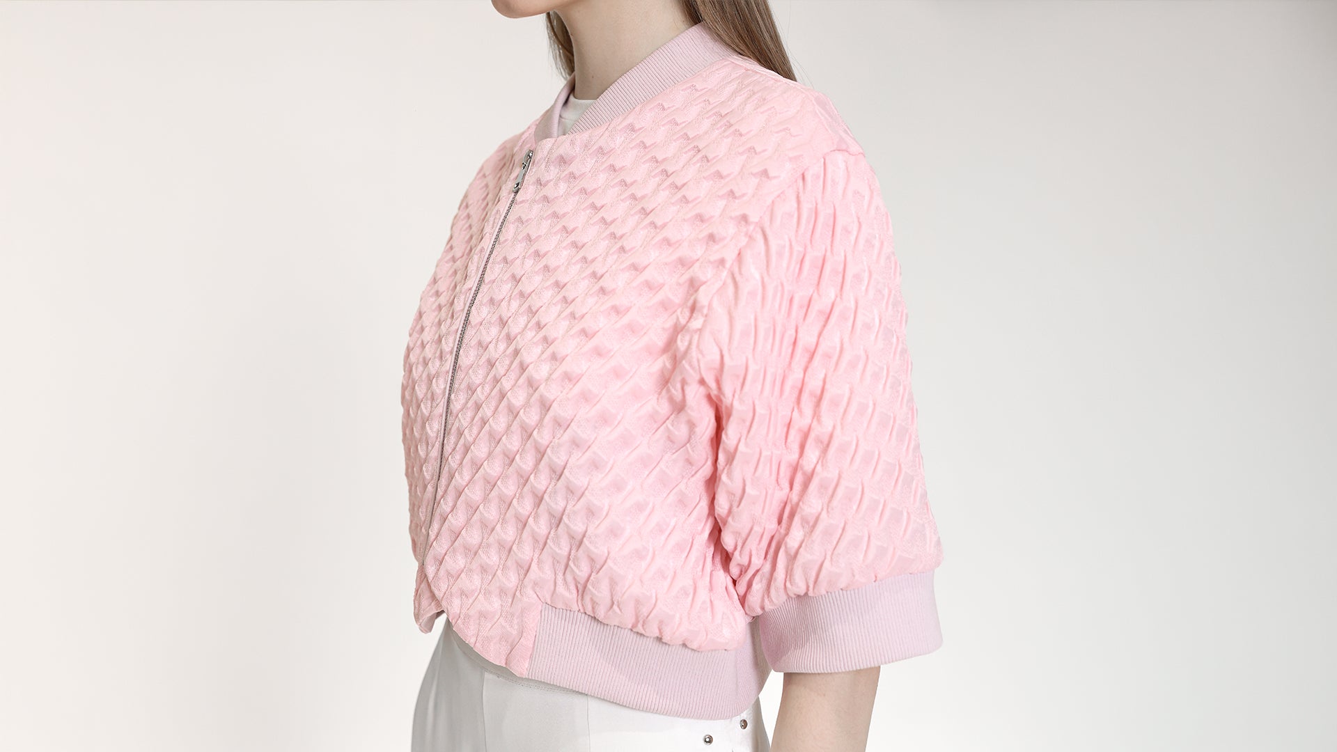 SOFT PINK TEXTURED ZIP-UP BOMBER JACKET