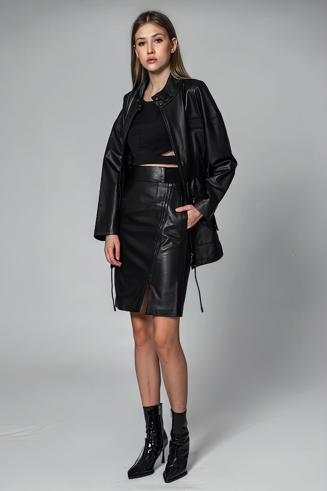 
                  
                    BLACK/BROWN GENUINE LEATHER SLIT MID-LENGTH SKIRT
                  
                