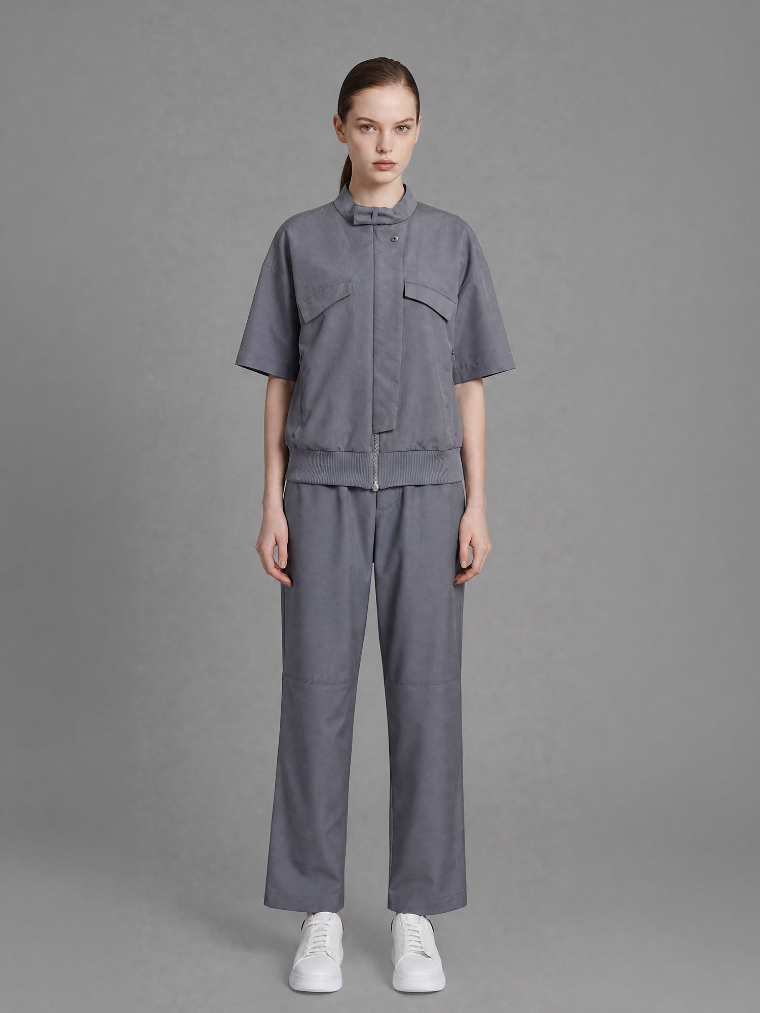 SMOKY GRAY / DARK BROWN LINEN CASUAL CROPPED HALF-SLEEVE JACKET