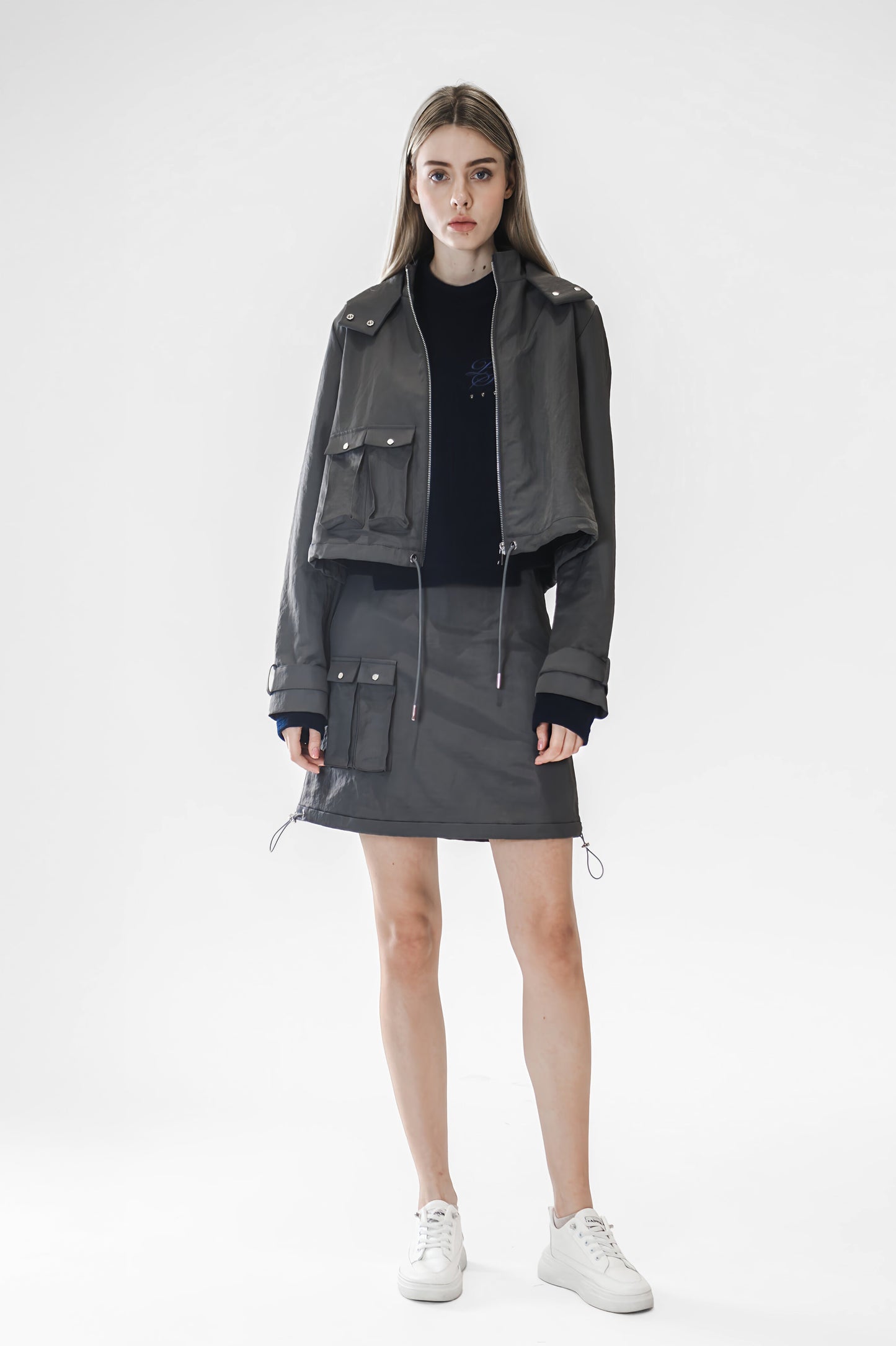 GRAY TECHNICAL WINDBREAKER MINI SKIRT