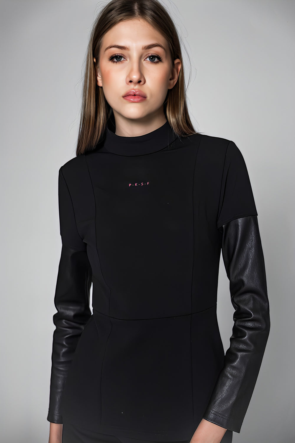 BLACK LEATHER-PANEL SWEATSHIRT