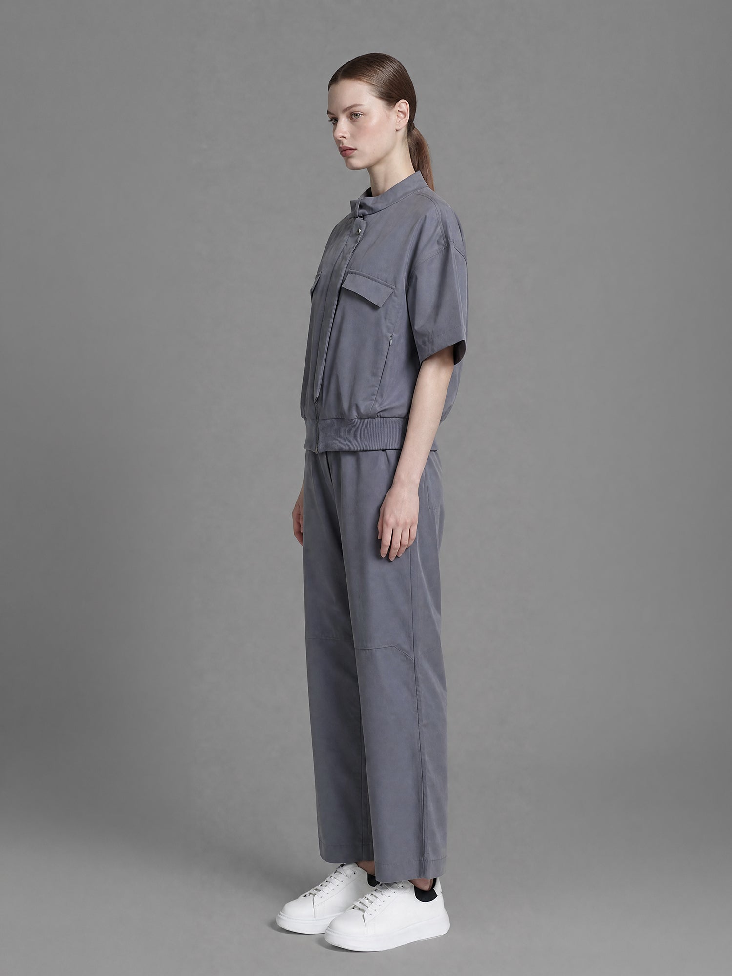 SMOKY GRAY / DARK BROWN LINEN CASUAL CROPPED HALF-SLEEVE JACKET