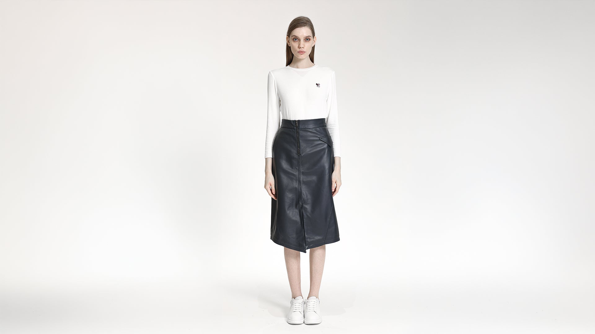NAVY BLUE LEATHER ASYMMETRICAL MID-LENGTH  SKIRT