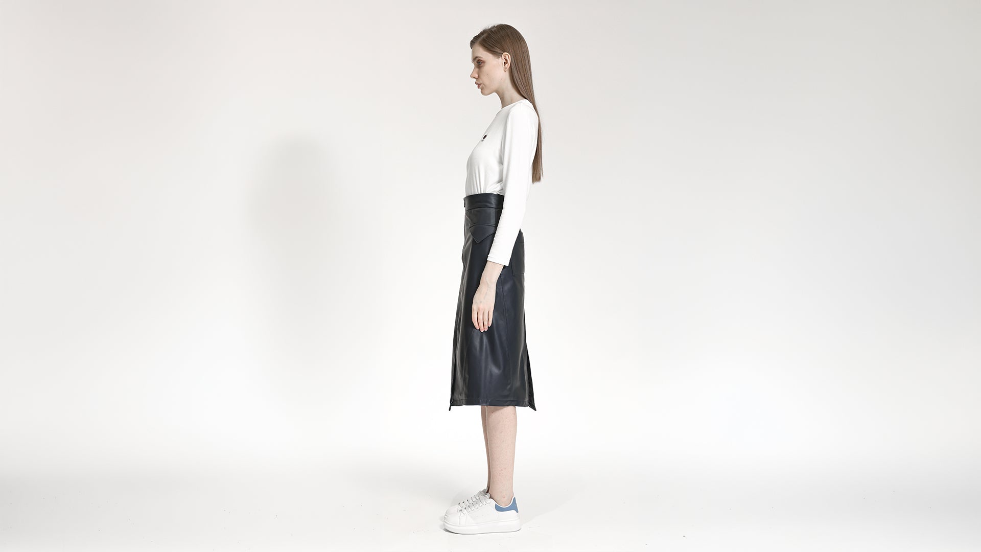 NAVY BLUE LEATHER ASYMMETRICAL MID-LENGTH  SKIRT