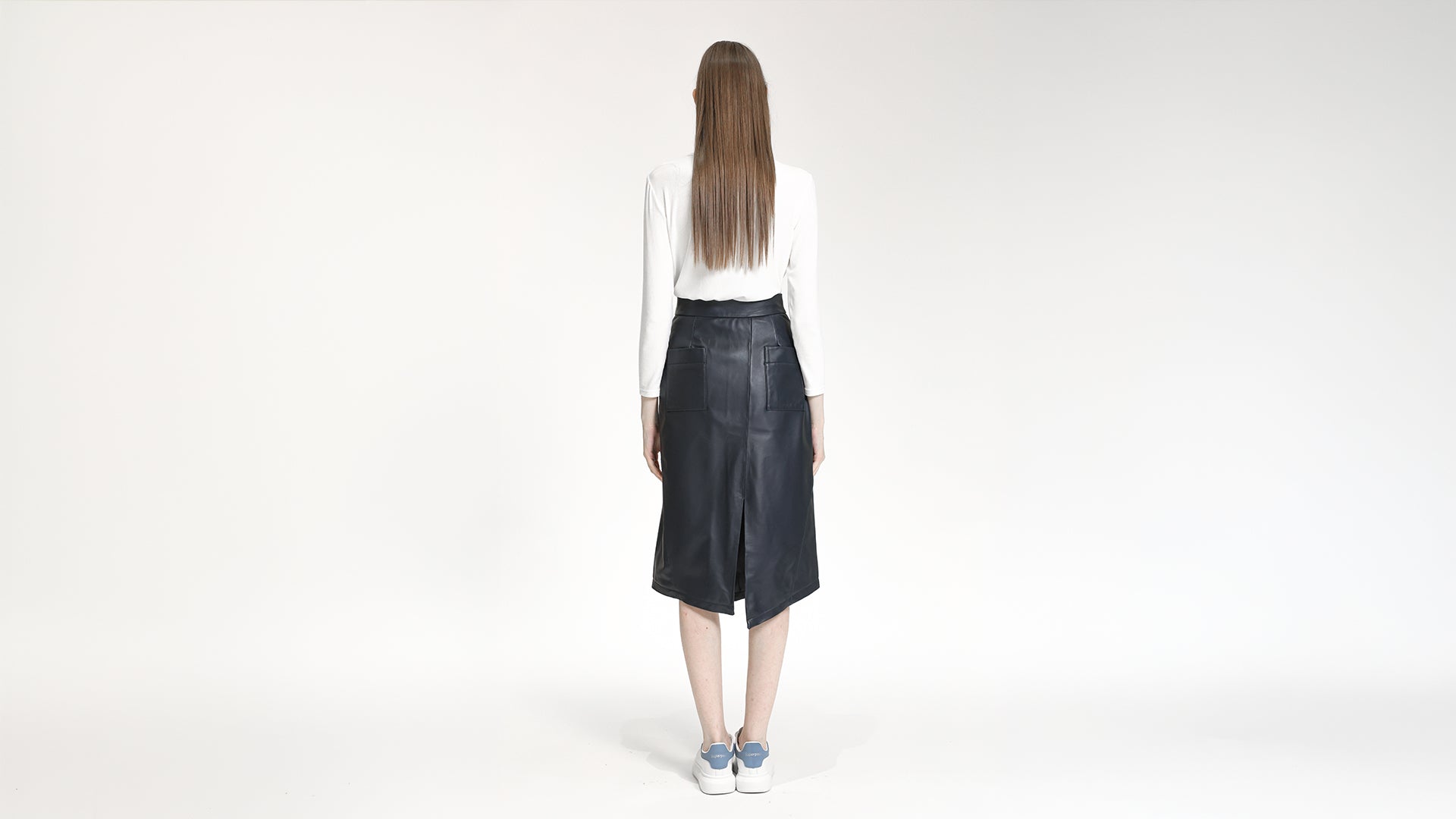 NAVY BLUE LEATHER ASYMMETRICAL MID-LENGTH  SKIRT