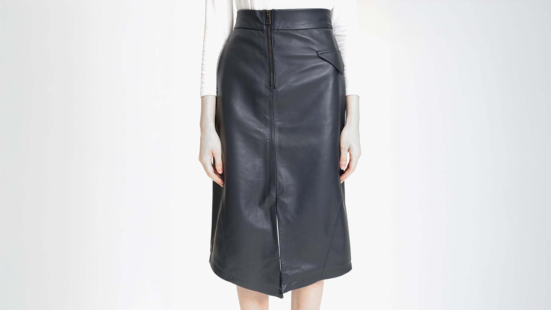 NAVY BLUE LEATHER ASYMMETRICAL MID-LENGTH  SKIRT
