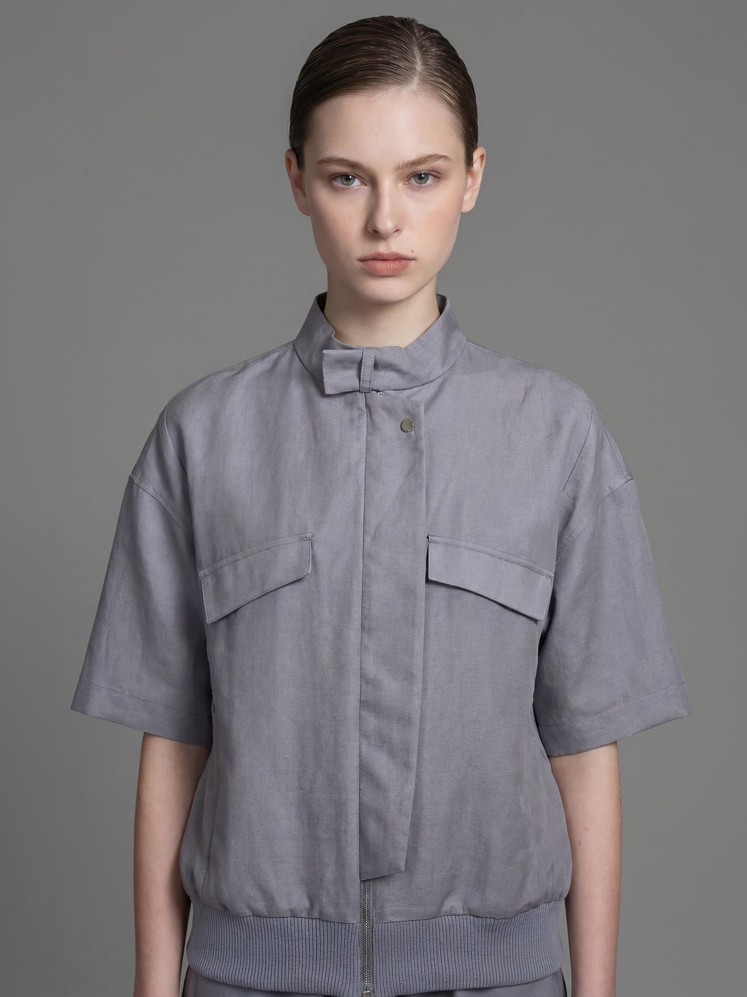 SMOKY GRAY / DARK BROWN LINEN CASUAL CROPPED HALF-SLEEVE JACKET