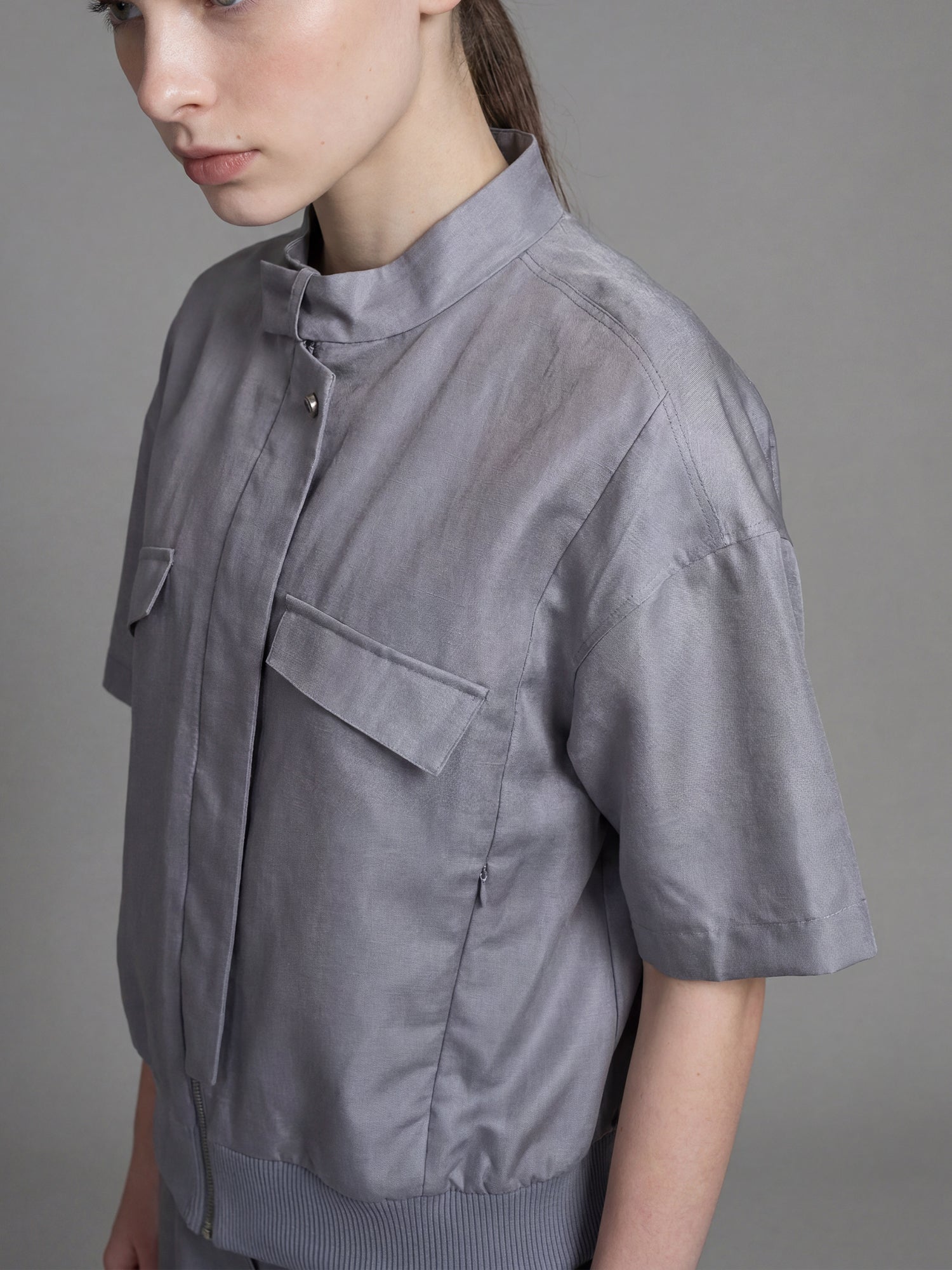 SMOKY GRAY / DARK BROWN LINEN CASUAL CROPPED HALF-SLEEVE JACKET