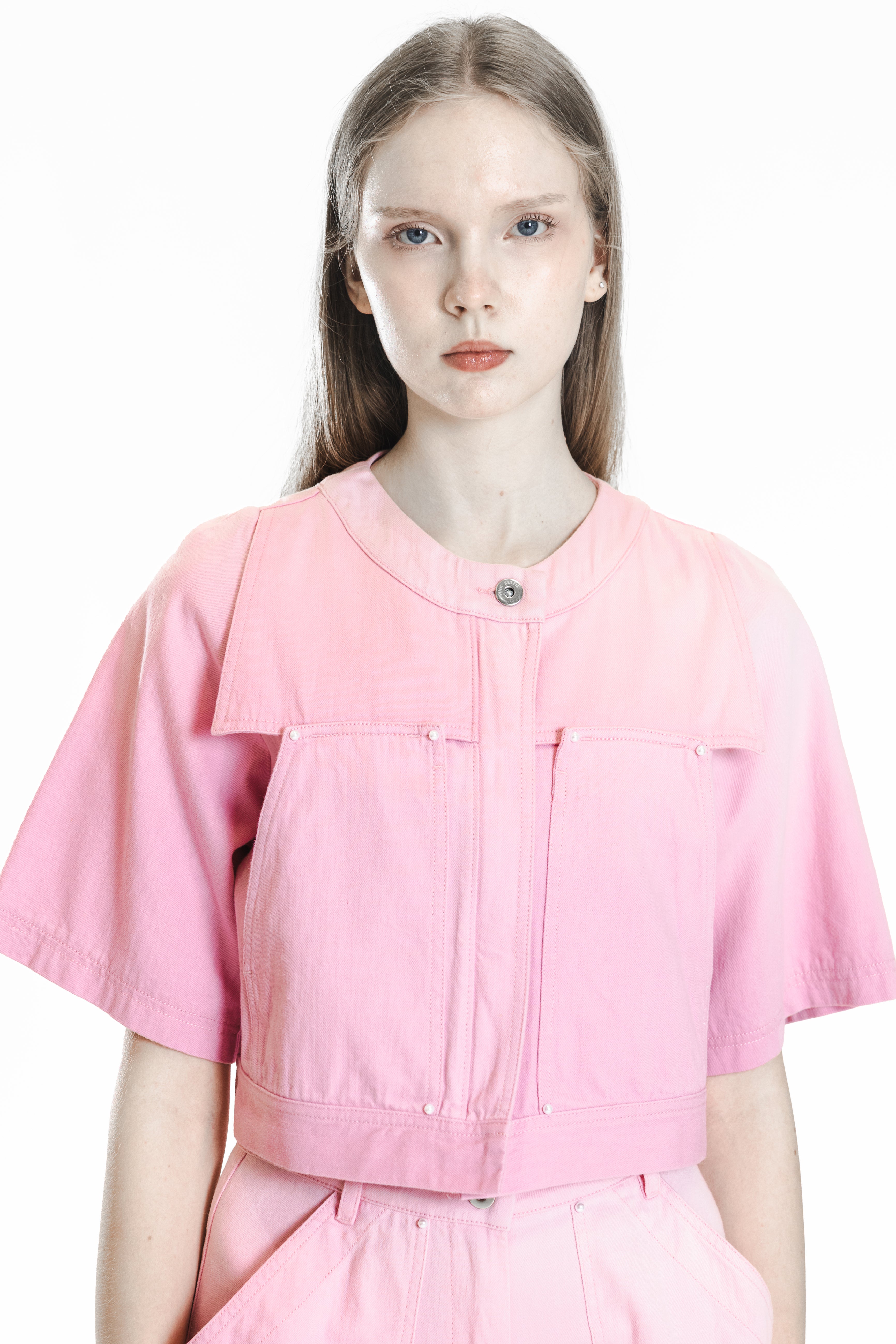 PINK / BLUE GRADIENT 5/6 SLEEVE CROPPED DENIM JACKET