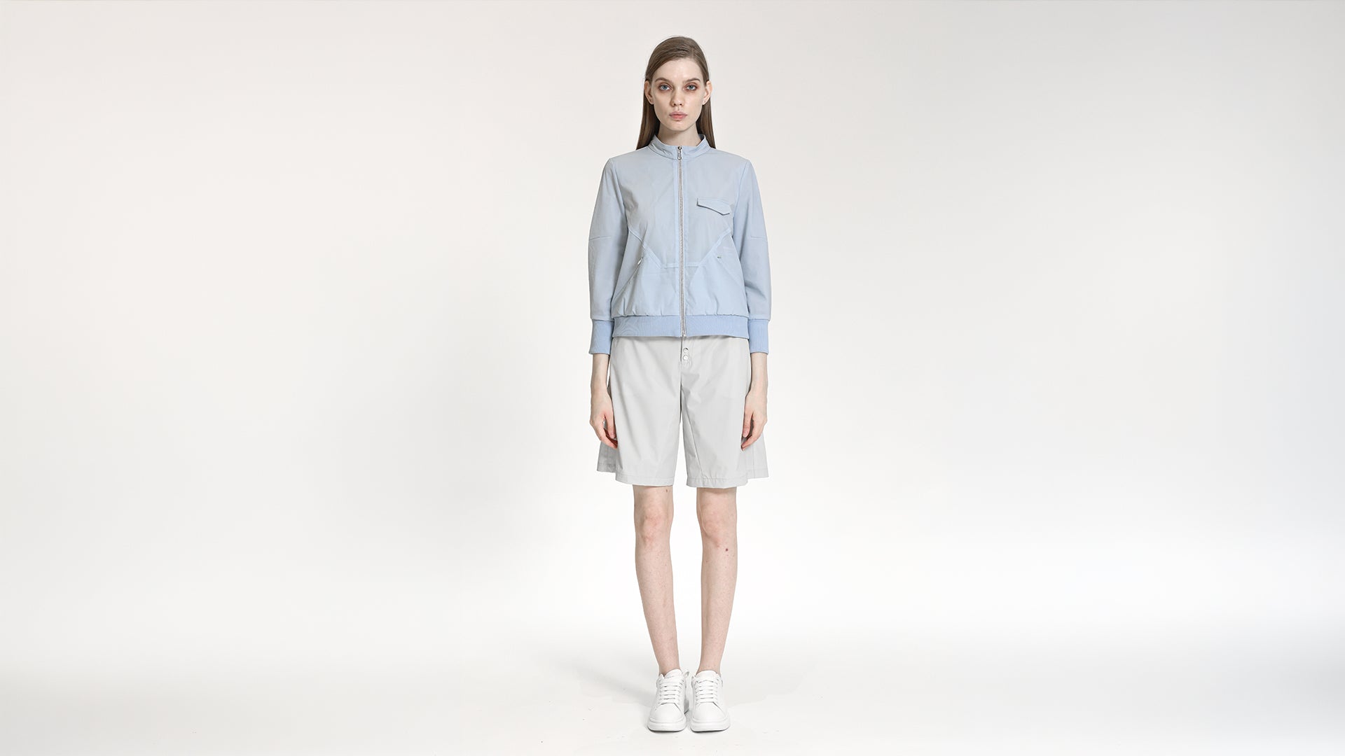 ICE BLUE STAND-COLLAR ZIP BOMBER JACKET
