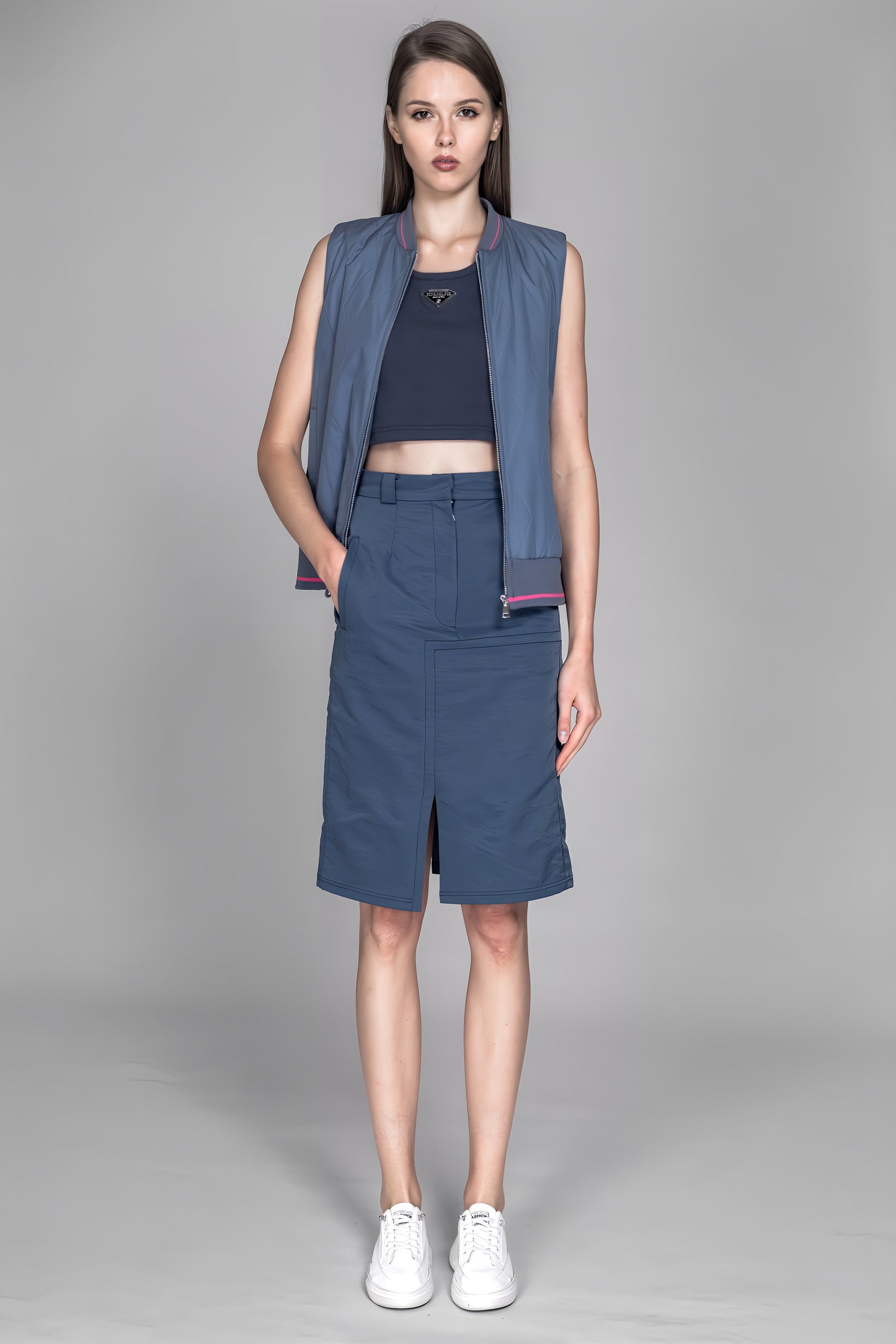 
                  
                    GRAY BLUE / PINK PADDED TRENCH VEST
                  
                
