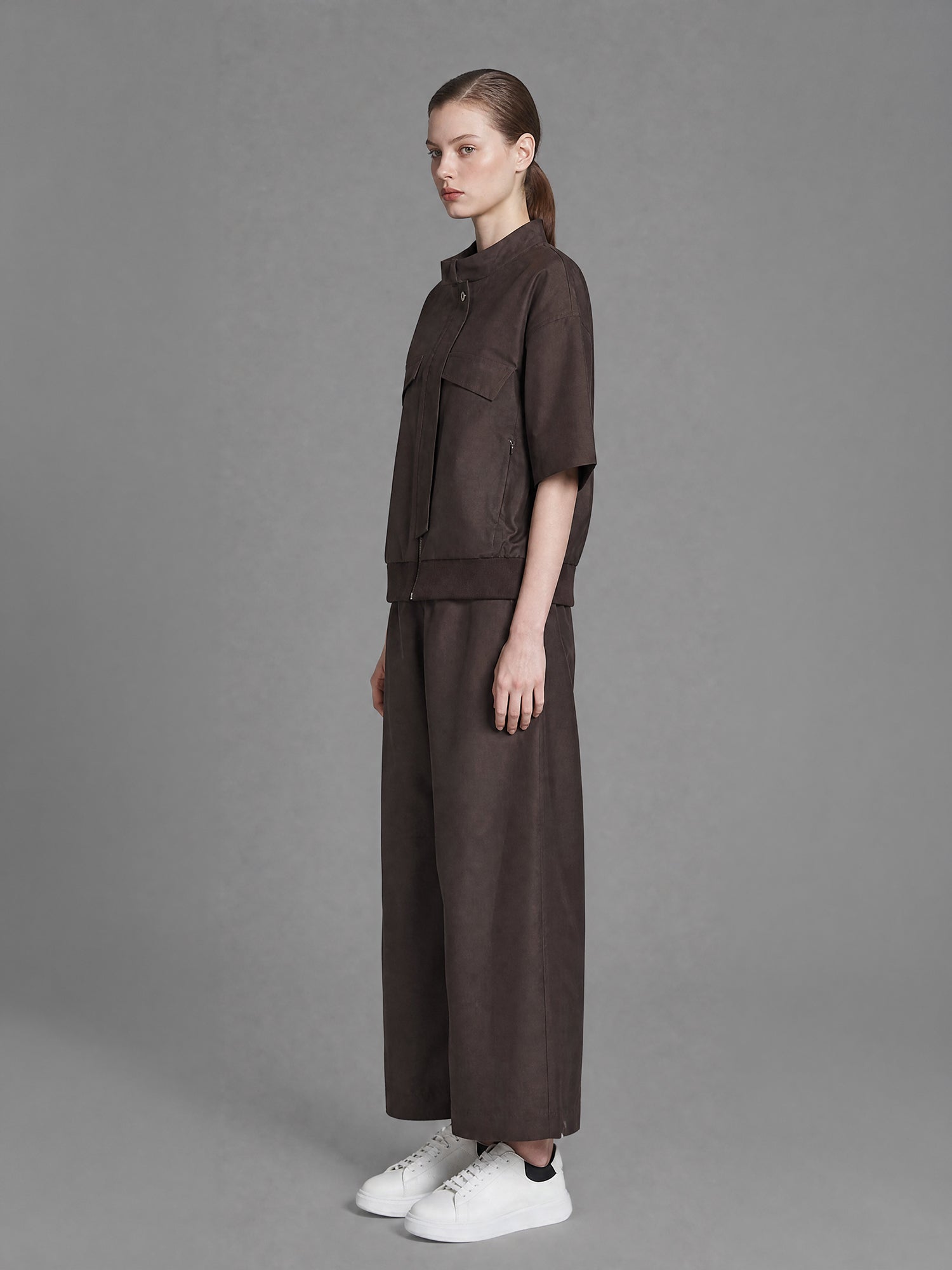 SMOKY GRAY / DARK BROWN LINEN COCOON WIDE-LEG PANTS