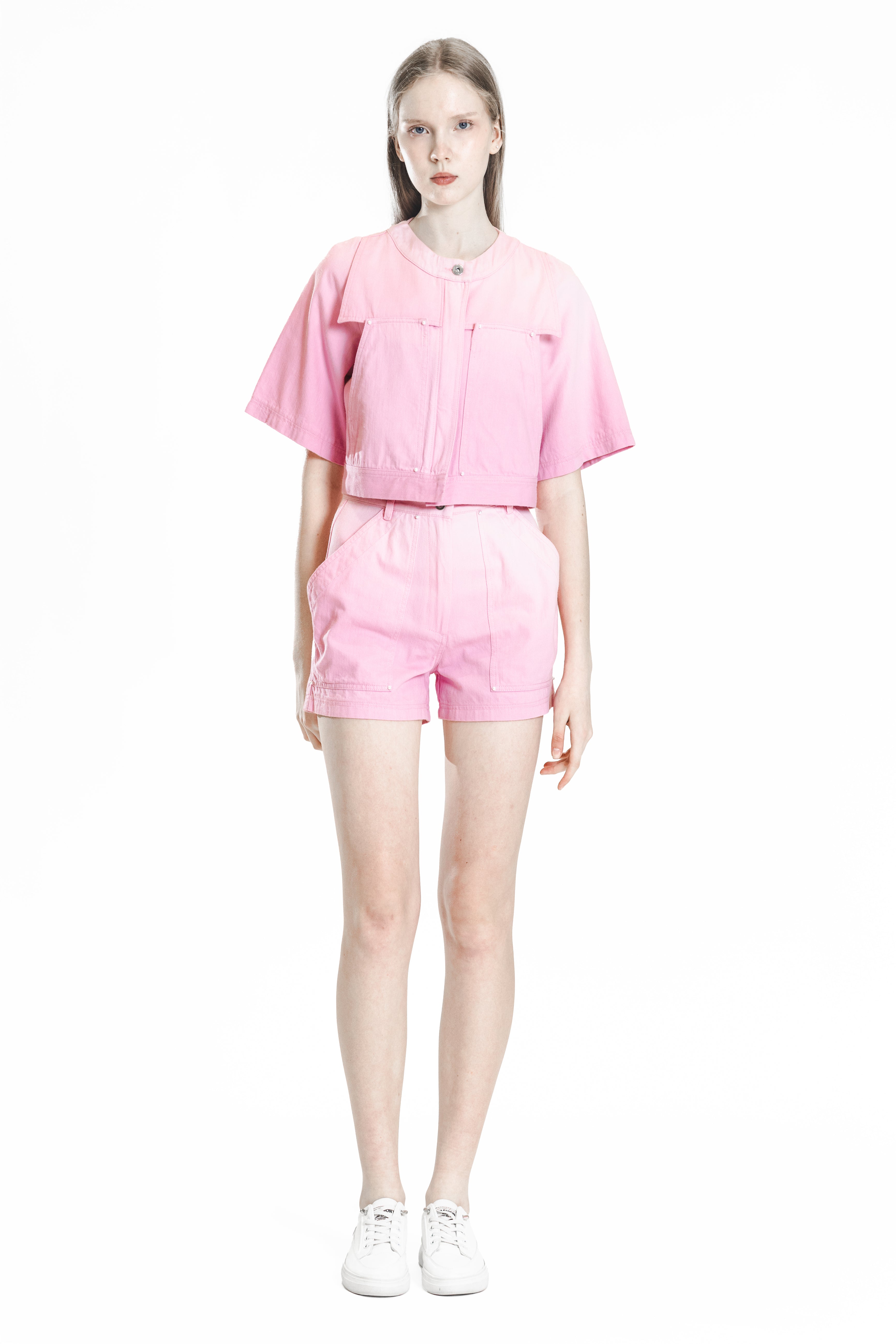 PINK / BLUE GRADIENT 5/6 SLEEVE CROPPED DENIM JACKET