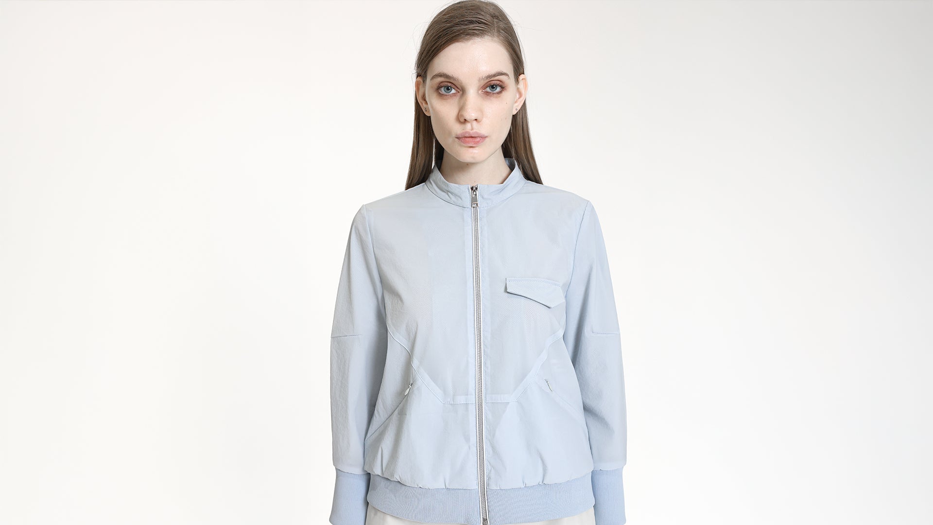 ICE BLUE STAND-COLLAR ZIP BOMBER JACKET