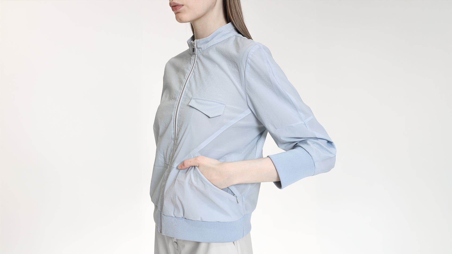 ICE BLUE STAND-COLLAR ZIP BOMBER JACKET
