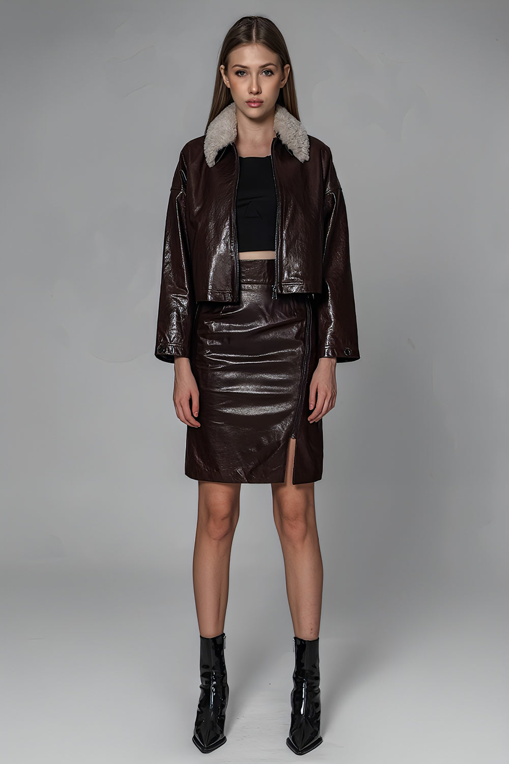 BLACK/BROWN GENUINE LEATHER SLIT MID-LENGTH SKIRT