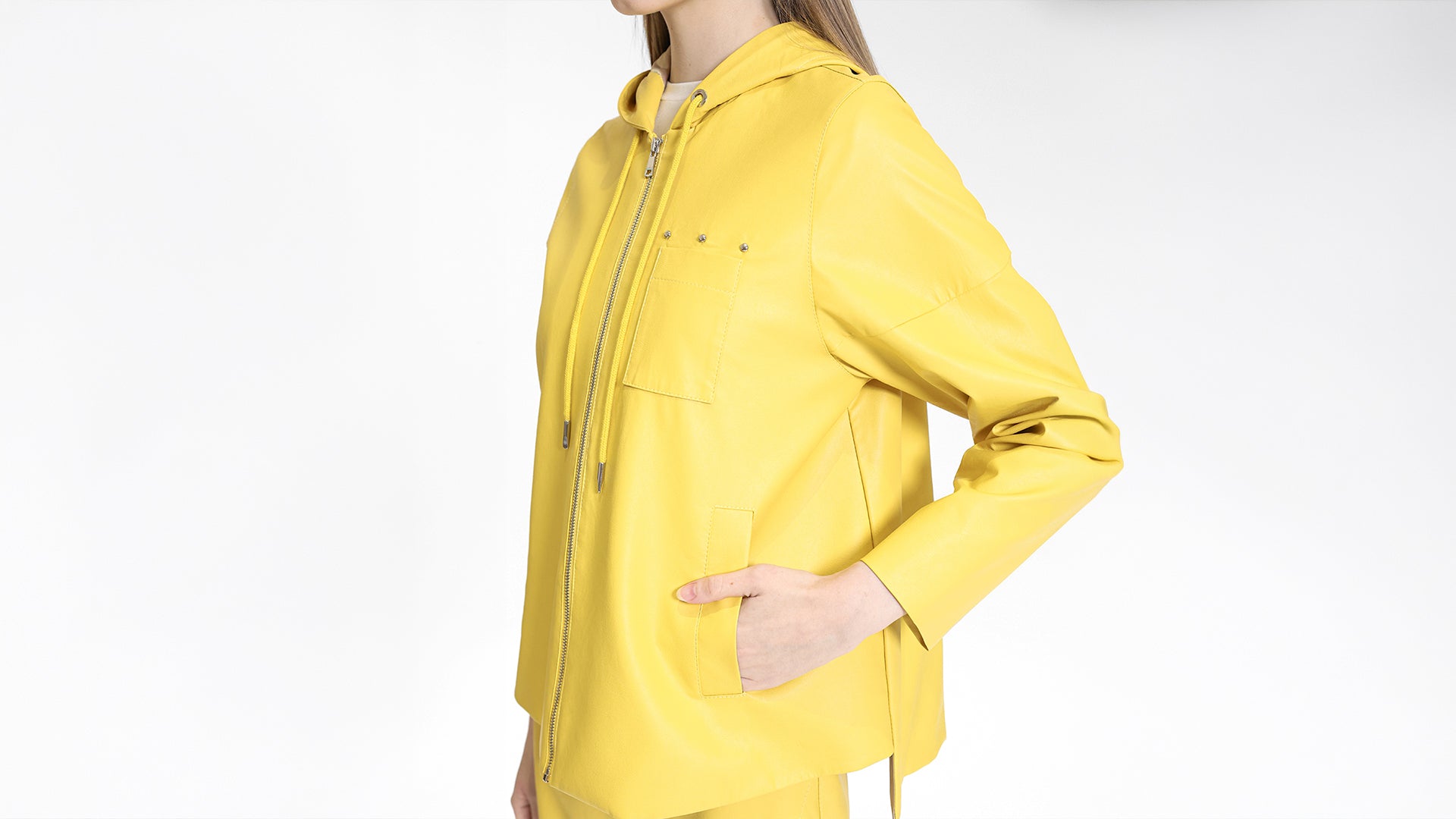 FAUX LEATHER ZIP-UP HOODED JACKET