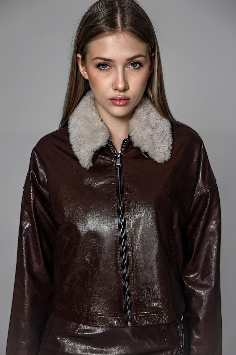 BLACK/BROWN GENUINE LEATHER FUR-COLLAR CROPPED JACKET