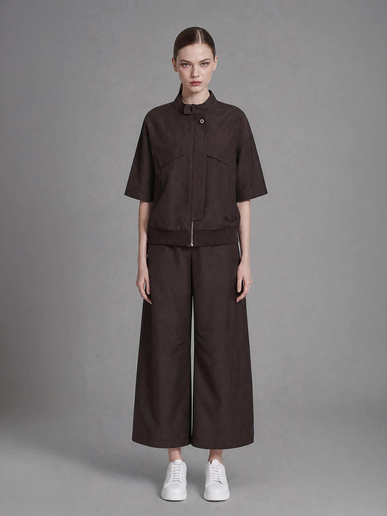 SMOKY GRAY / DARK BROWN LINEN COCOON WIDE-LEG PANTS