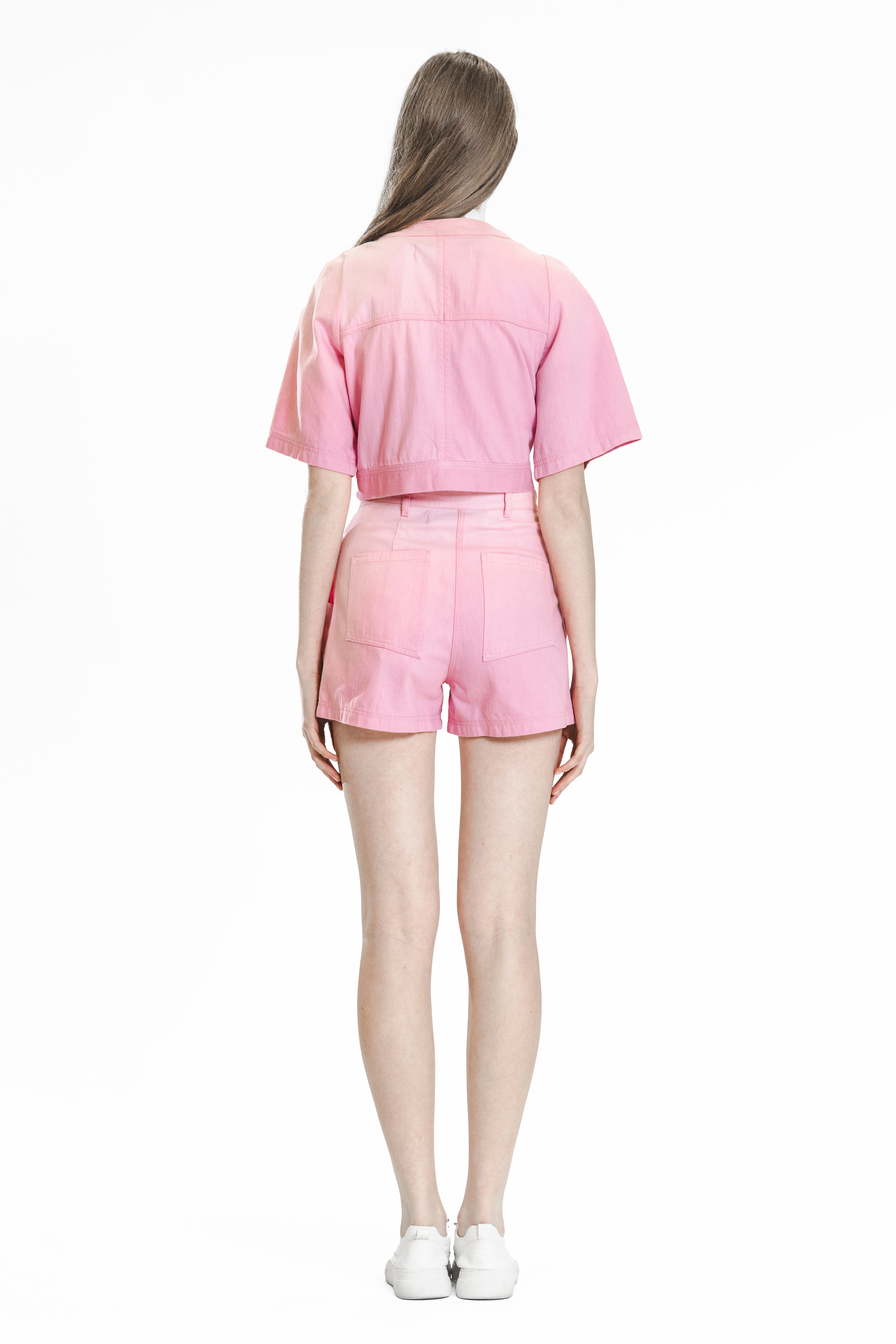 PINK / BLUE GRADIENT 5/6 SLEEVE CROPPED DENIM JACKET
