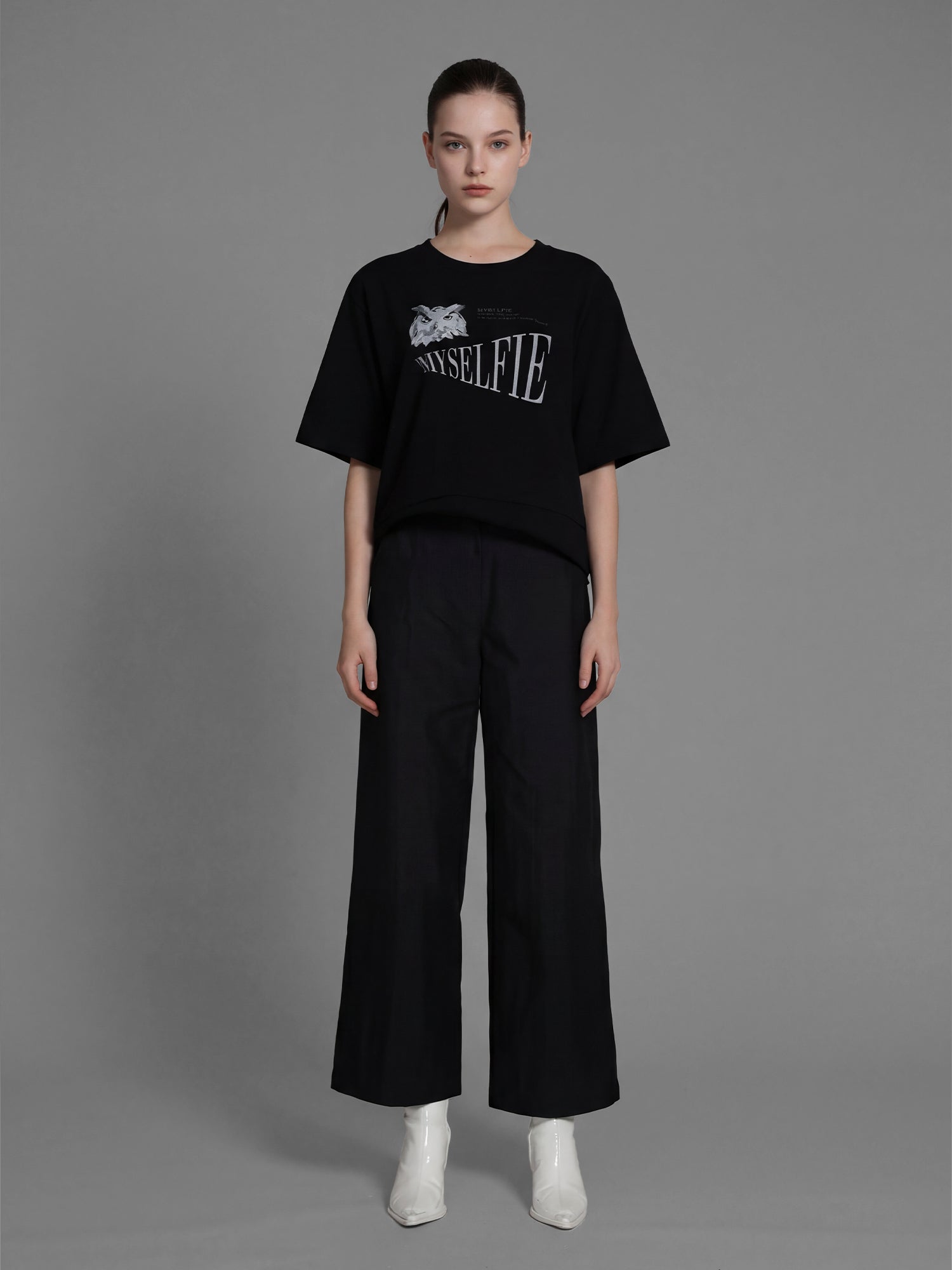 CLASSIC BLACK / STARRY WHITE OWL PRINT CROPPED T-SHIRT