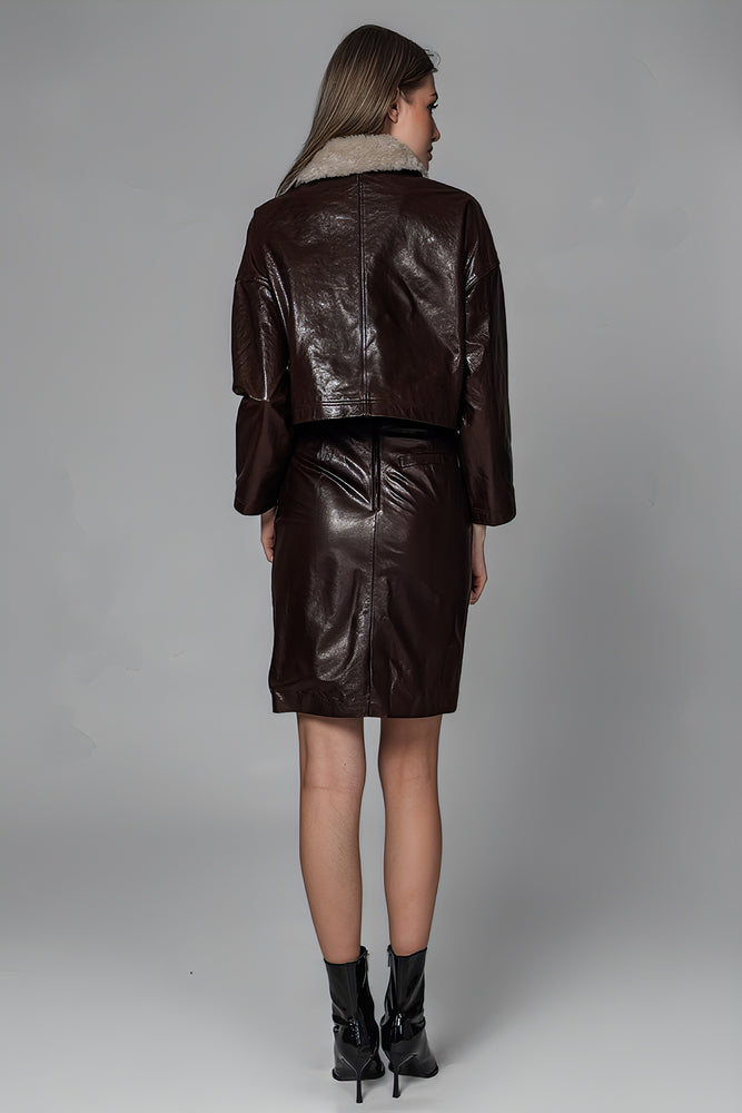 
                  
                    BLACK/BROWN GENUINE LEATHER SLIT MID-LENGTH SKIRT
                  
                