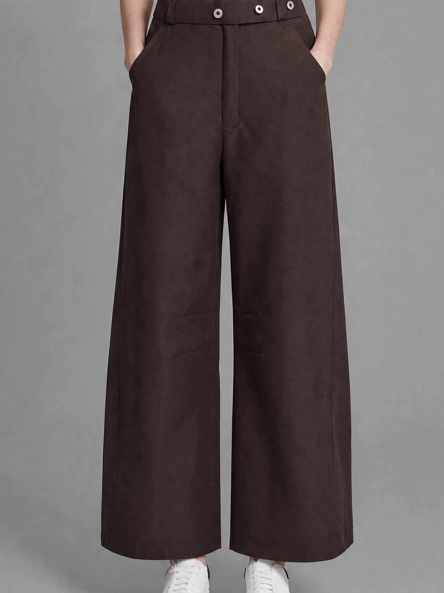 SMOKY GRAY / DARK BROWN LINEN COCOON WIDE-LEG PANTS