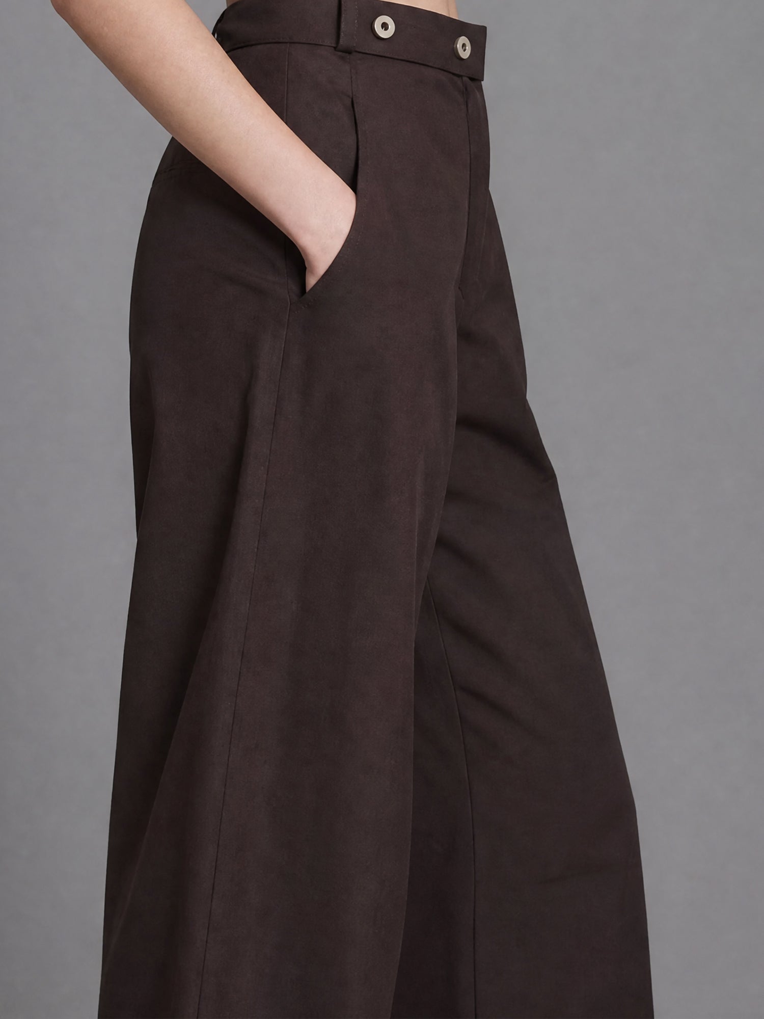 SMOKY GRAY / DARK BROWN LINEN COCOON WIDE-LEG PANTS
