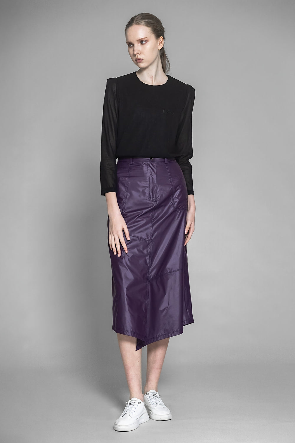 BRIGHT PURPLE / MATTE PURPLE / DARK BROWN TRENCH ASYMMETRICAL CASUAL LONG SKIRT