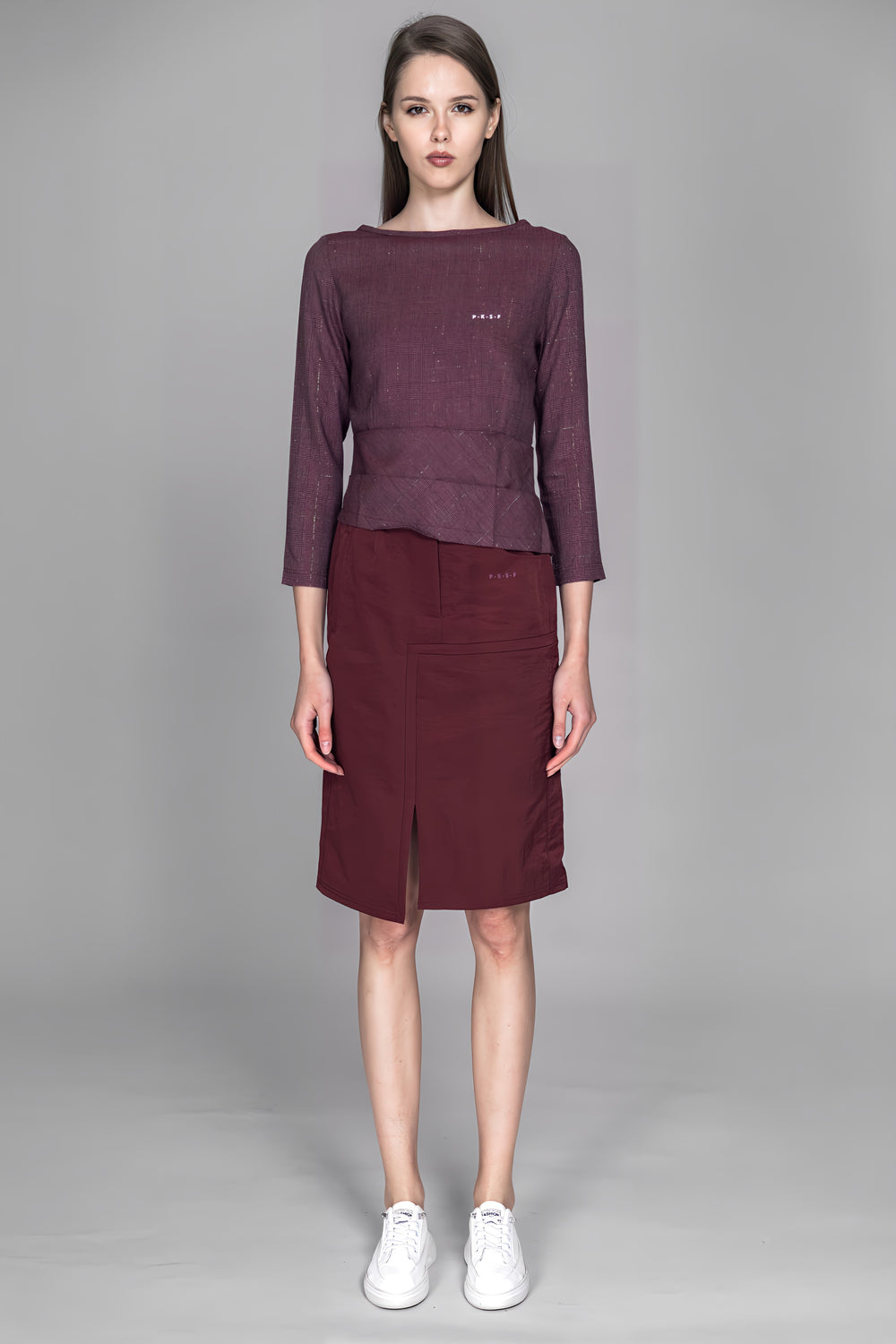 DARK RED / BLUE GRAY TRENCH PATCHWORK ASYMMETRICAL MID-LENGTH SKIRT