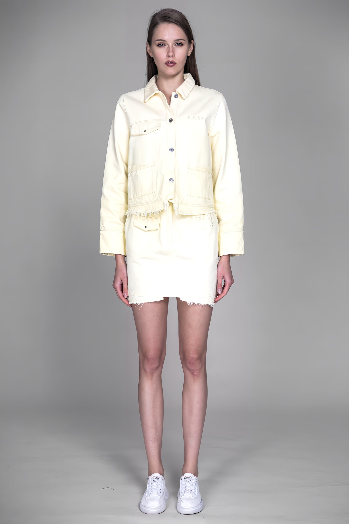 
                  
                    LIGHT YELLOW / SKIN BROWN HEAVY COTTON GRADIENT WASHED DENIM SKIRT
                  
                