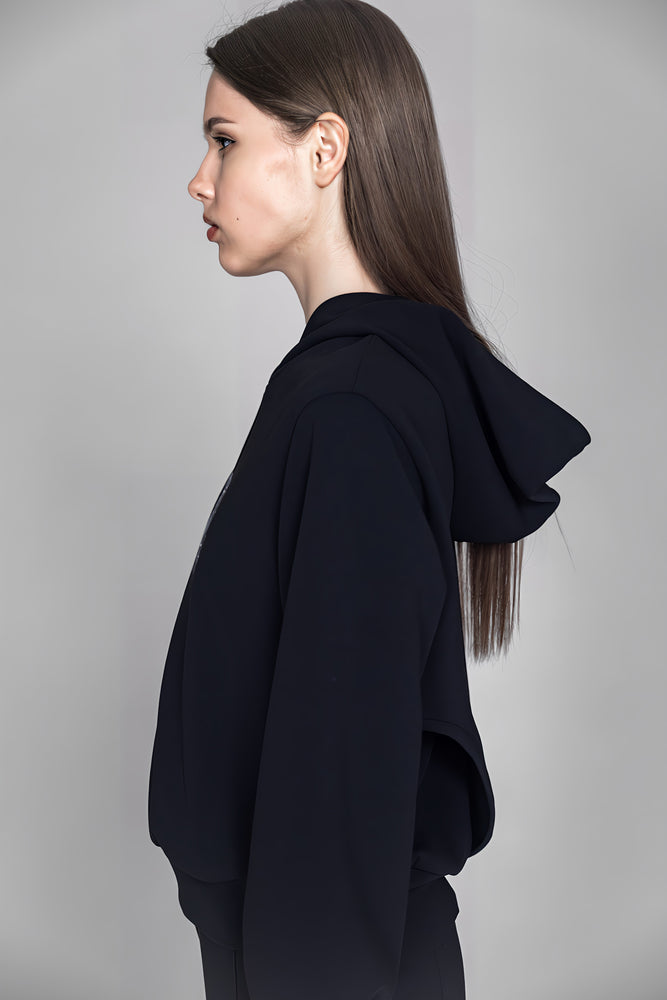 
                  
                    BLACK COTTON ONE-SHOULDER CUTOUT CROP HOODIE
                  
                