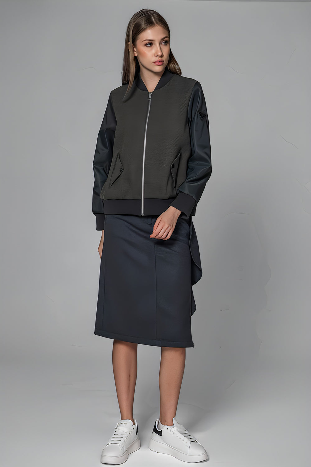 GRAY/BLACK WOOL MIDI SKIRT