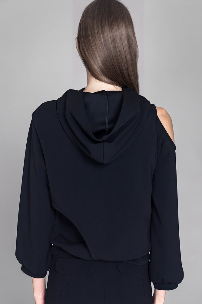 
                  
                    BLACK COTTON ONE-SHOULDER CUTOUT CROP HOODIE
                  
                