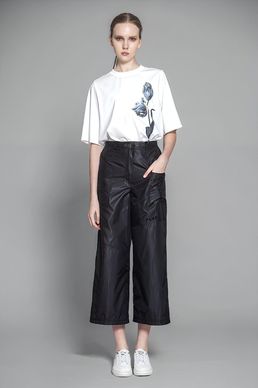 BLACK TRENCH COAT / GLOSSY BLACK COTTON ASYMMETRIC LOOSE PANTS