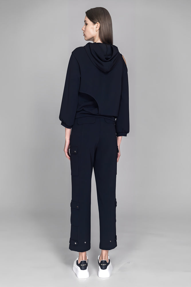 
                  
                    BLACK COTTON ONE-SHOULDER CUTOUT CROP HOODIE
                  
                