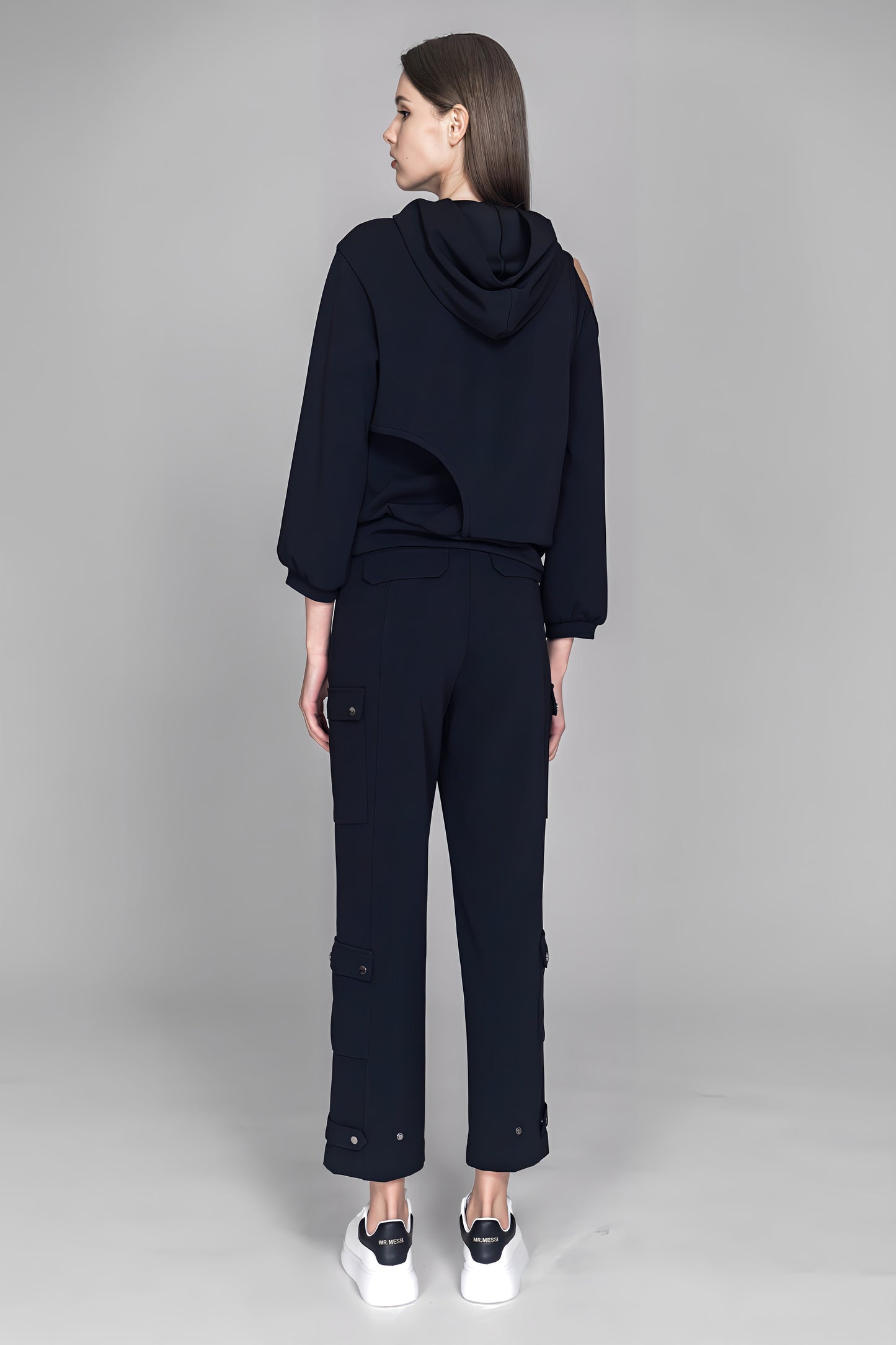 
                  
                    BLACK COTTON ONE-SHOULDER CUTOUT CROP HOODIE
                  
                