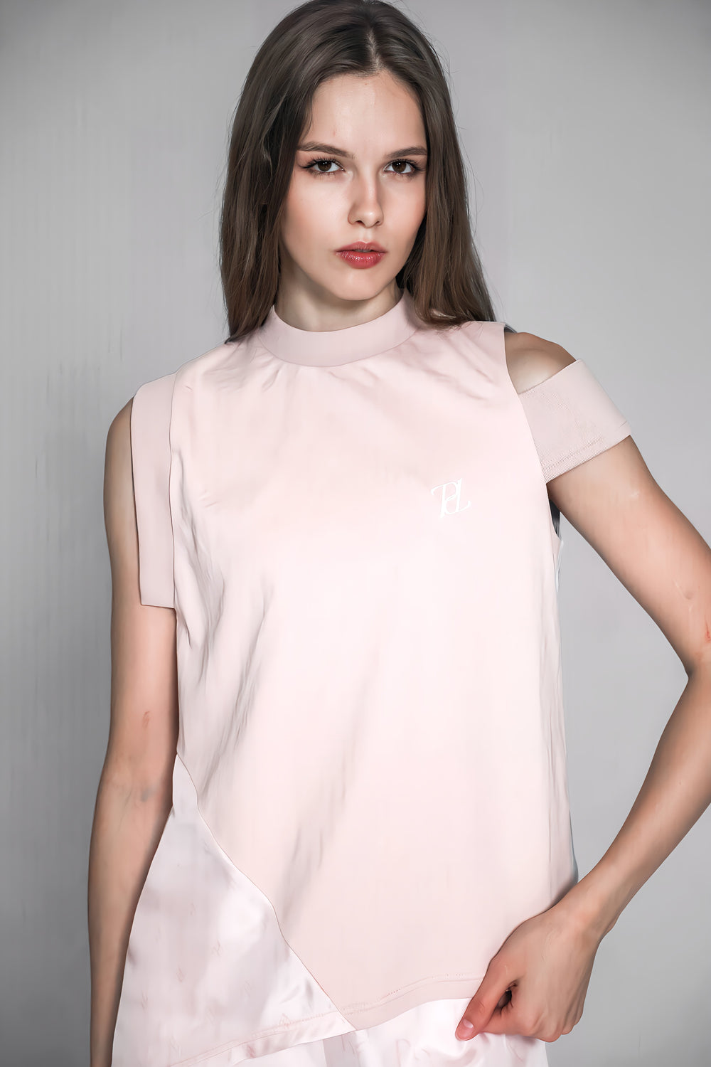 PINK COTTON COLOR-BLOCK LOGO PRINT ASYMMETRICAL TOP